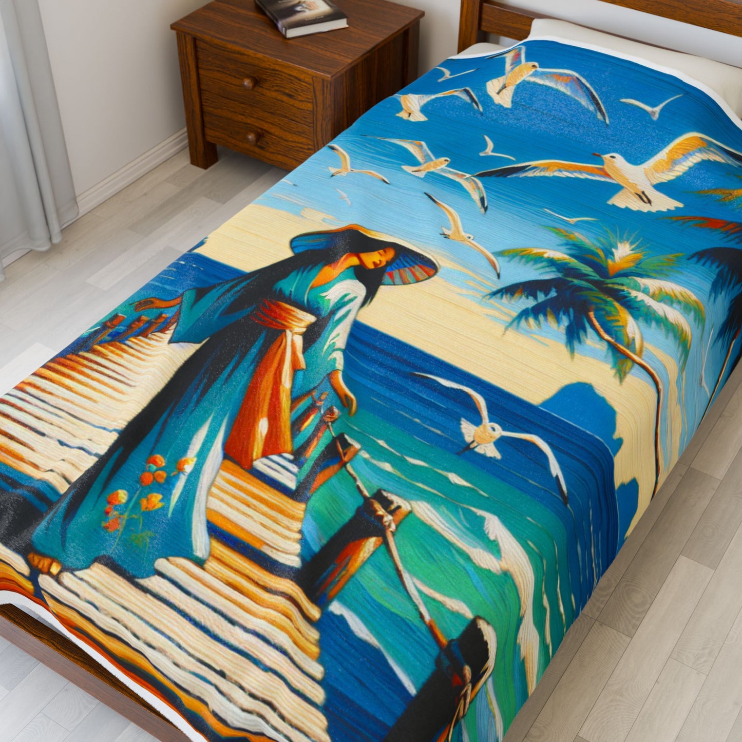 Island Stroll with Seagulls - Plush Blanket