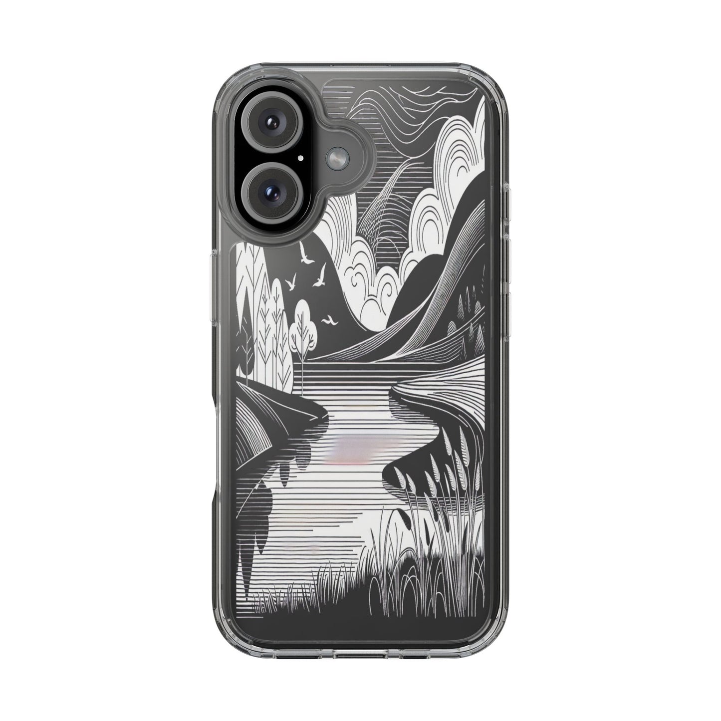Transparent Black and White Landscape Illustration Iphone Case Compatible With Iphone 16 15 14 - Clear Phone Cover
