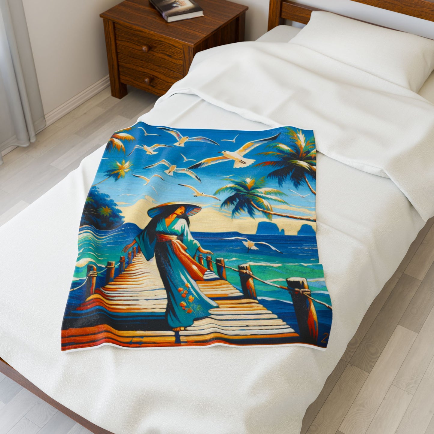 Island Stroll with Seagulls - Plush Blanket