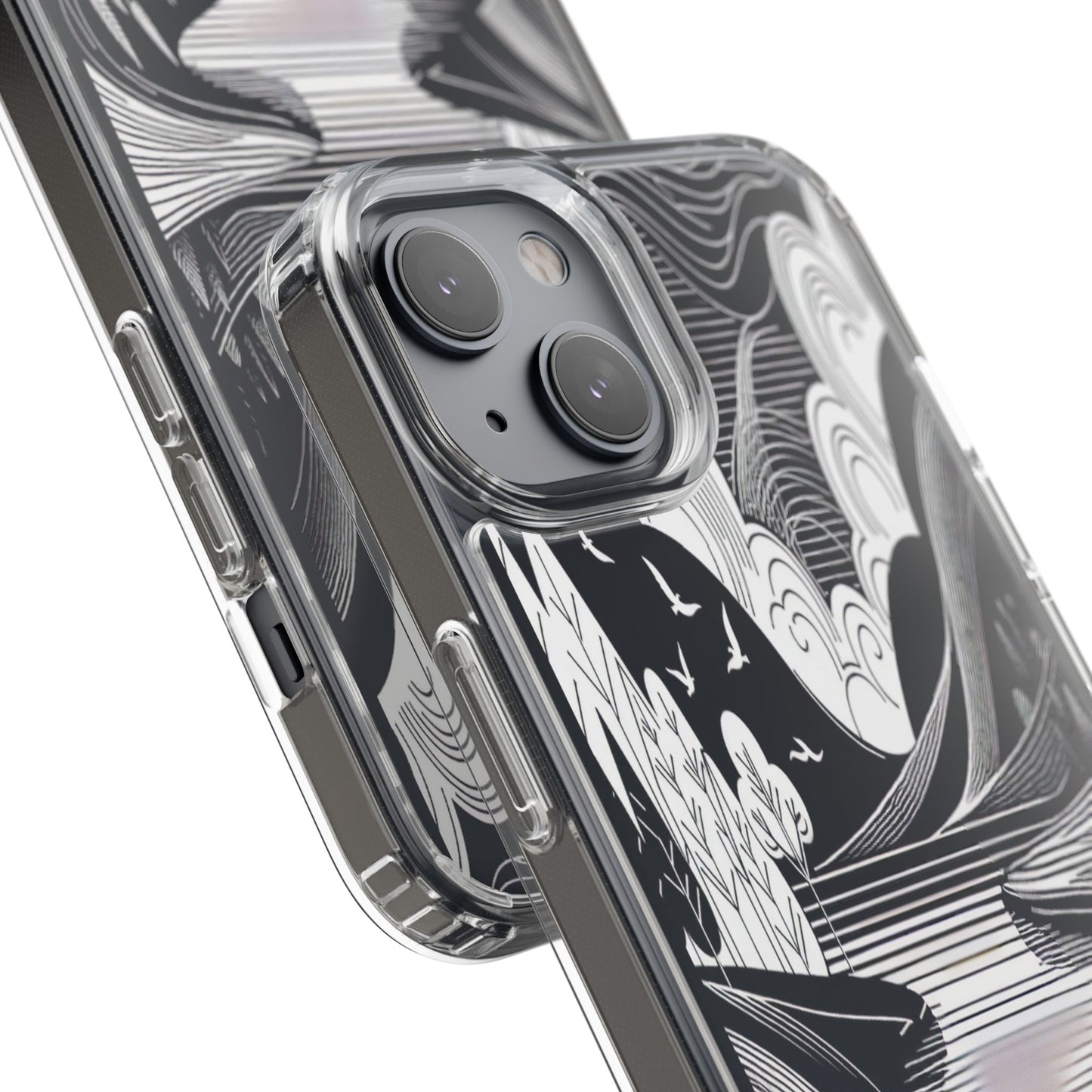 Transparent Black and White Landscape Illustration Iphone Case Compatible With Iphone 16 15 14 - Clear Phone Cover