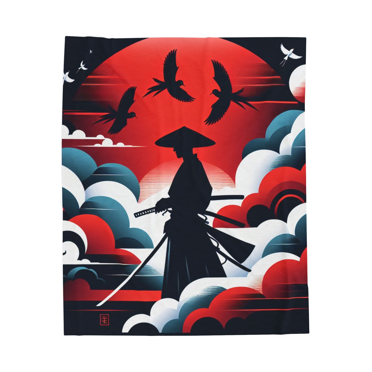 Samurai Under the Red Moon - Plush Blanket