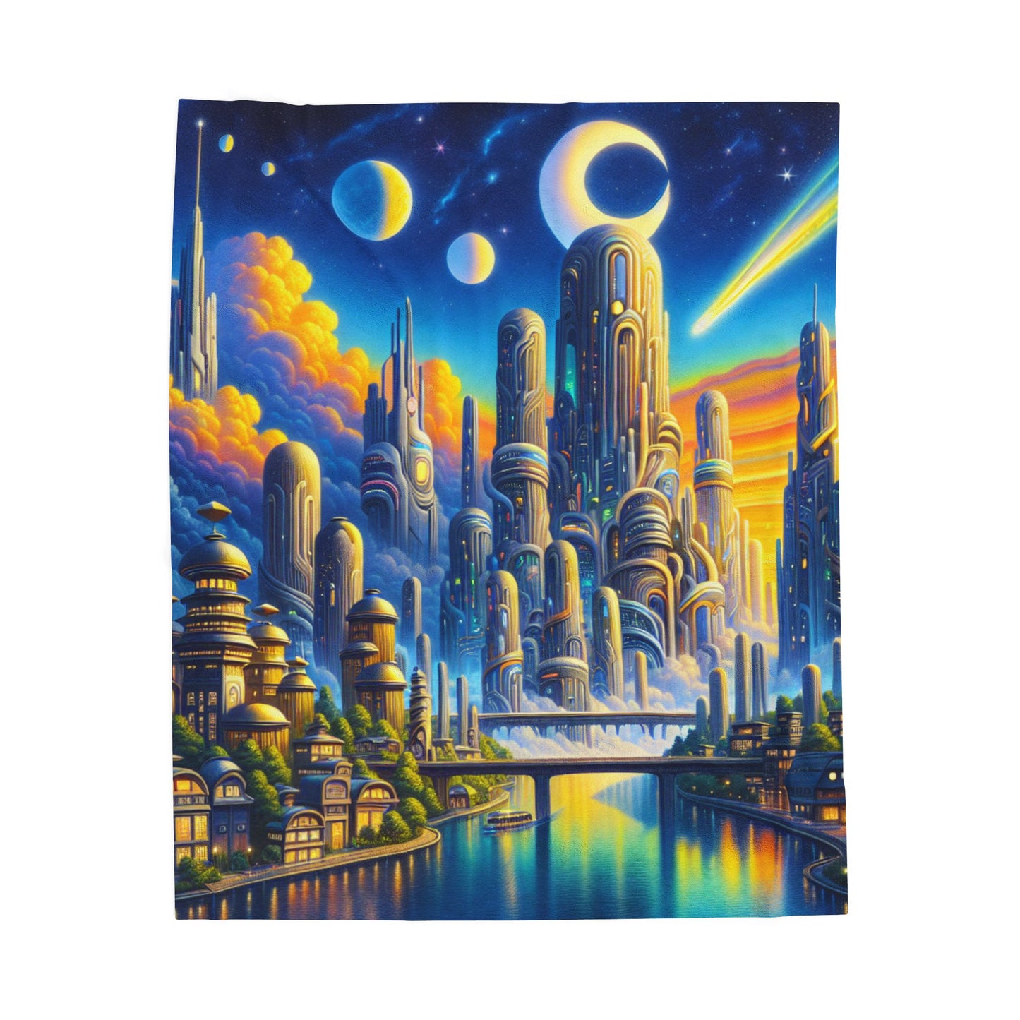 Futuristic skyline under a celestial sky - Plush Blanket