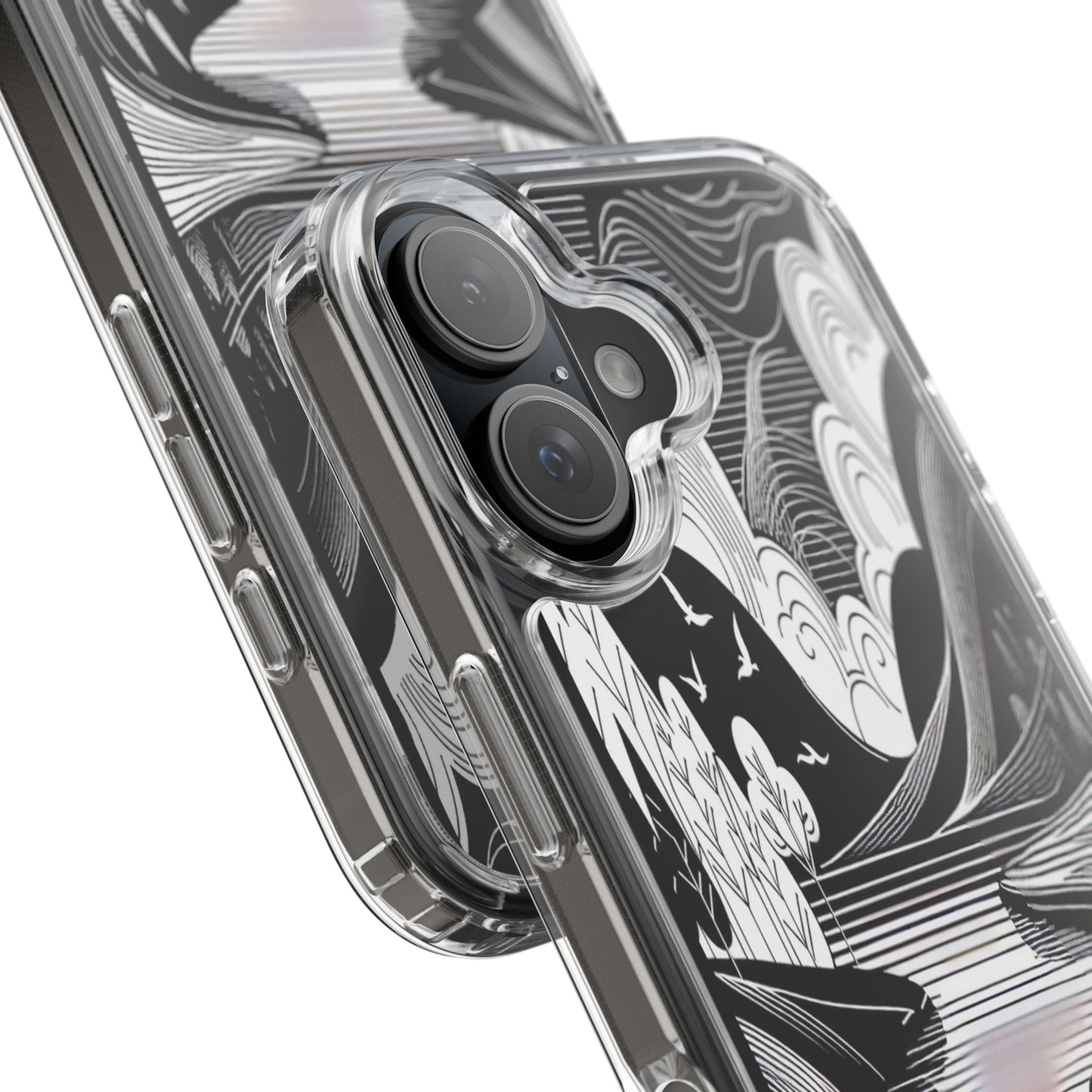 Transparent Black and White Landscape Illustration Iphone Case Compatible With Iphone 16 15 14 - Clear Phone Cover