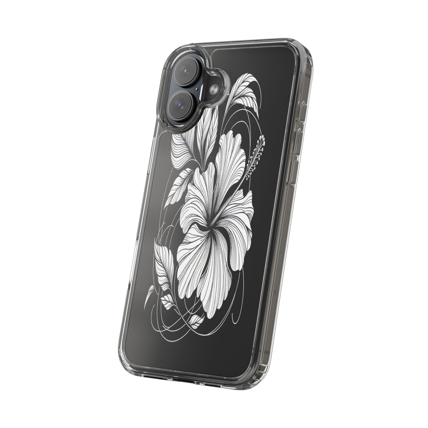 Transparent Hibiscus Design in Black and White Iphone Case Compatible With Iphone 16 15 14 - Clear Phone Cover