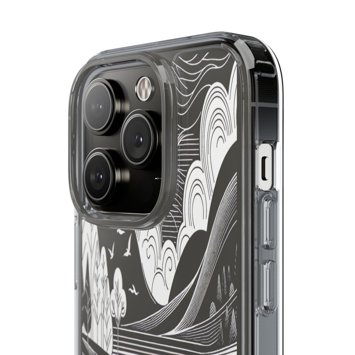 Transparent Black and White Landscape Illustration Iphone Case Compatible With Iphone 16 15 14 - Clear Phone Cover