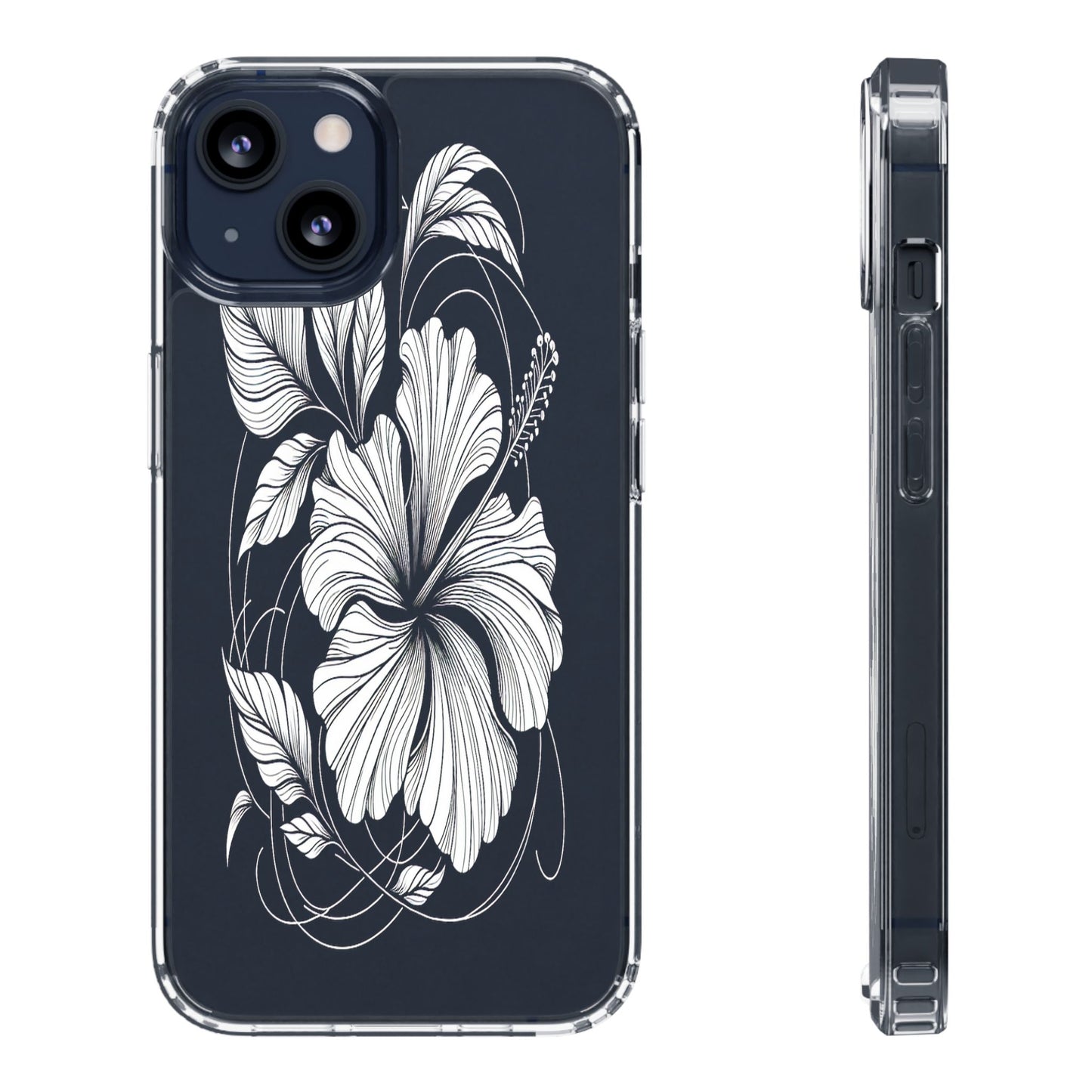 Transparent Hibiscus Design in Black and White Iphone Case Compatible With Iphone 16 15 14 - Clear Phone Cover