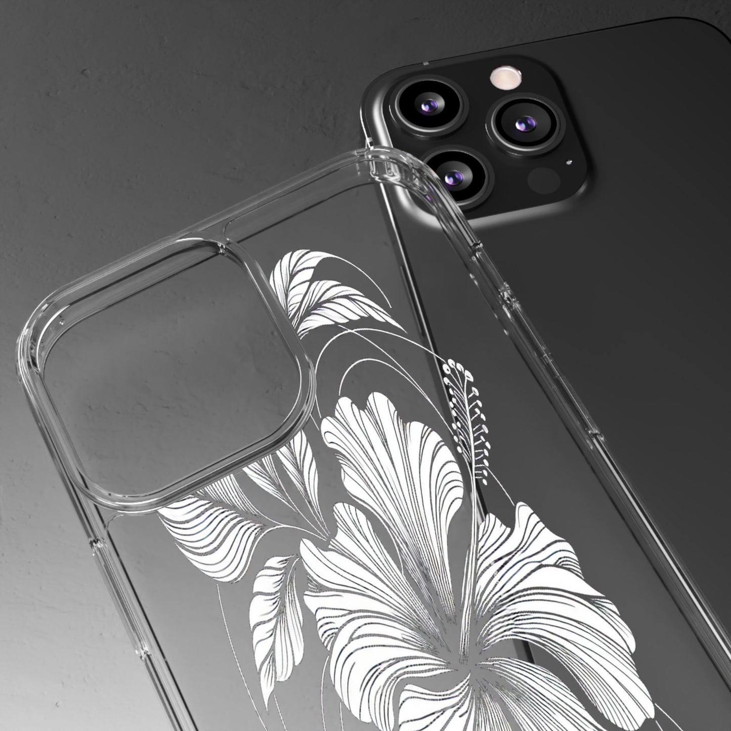 Transparent Hibiscus Design in Black and White Iphone Case Compatible With Iphone 16 15 14 - Clear Phone Cover