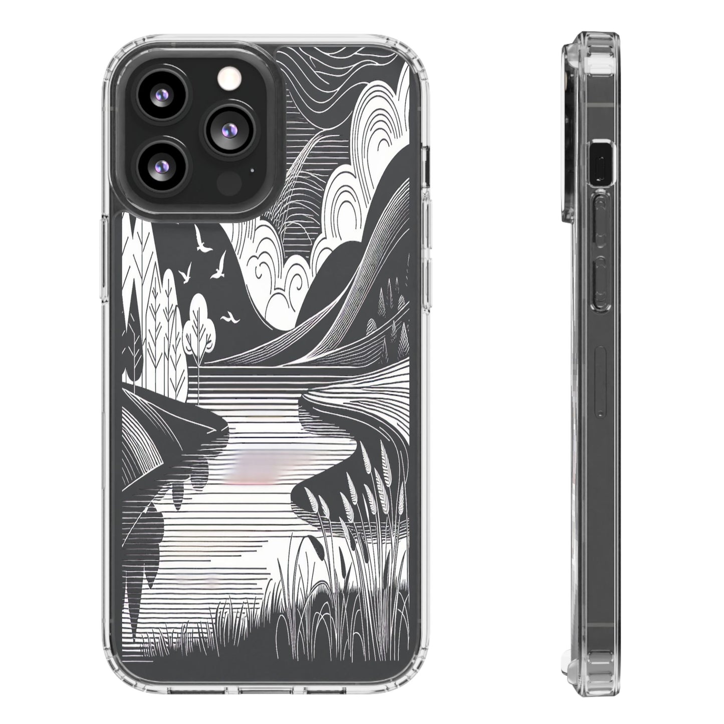 Transparent Black and White Landscape Illustration Iphone Case Compatible With Iphone 16 15 14 - Clear Phone Cover