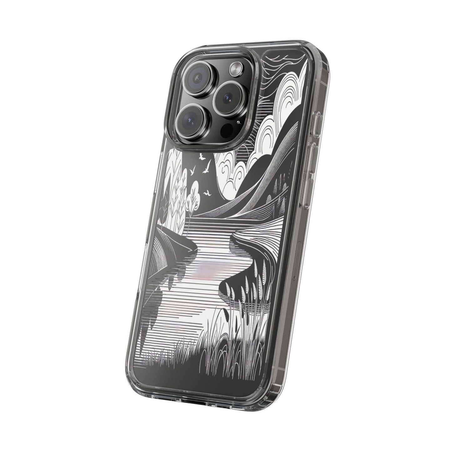 Transparent Black and White Landscape Illustration Iphone Case Compatible With Iphone 16 15 14 - Clear Phone Cover