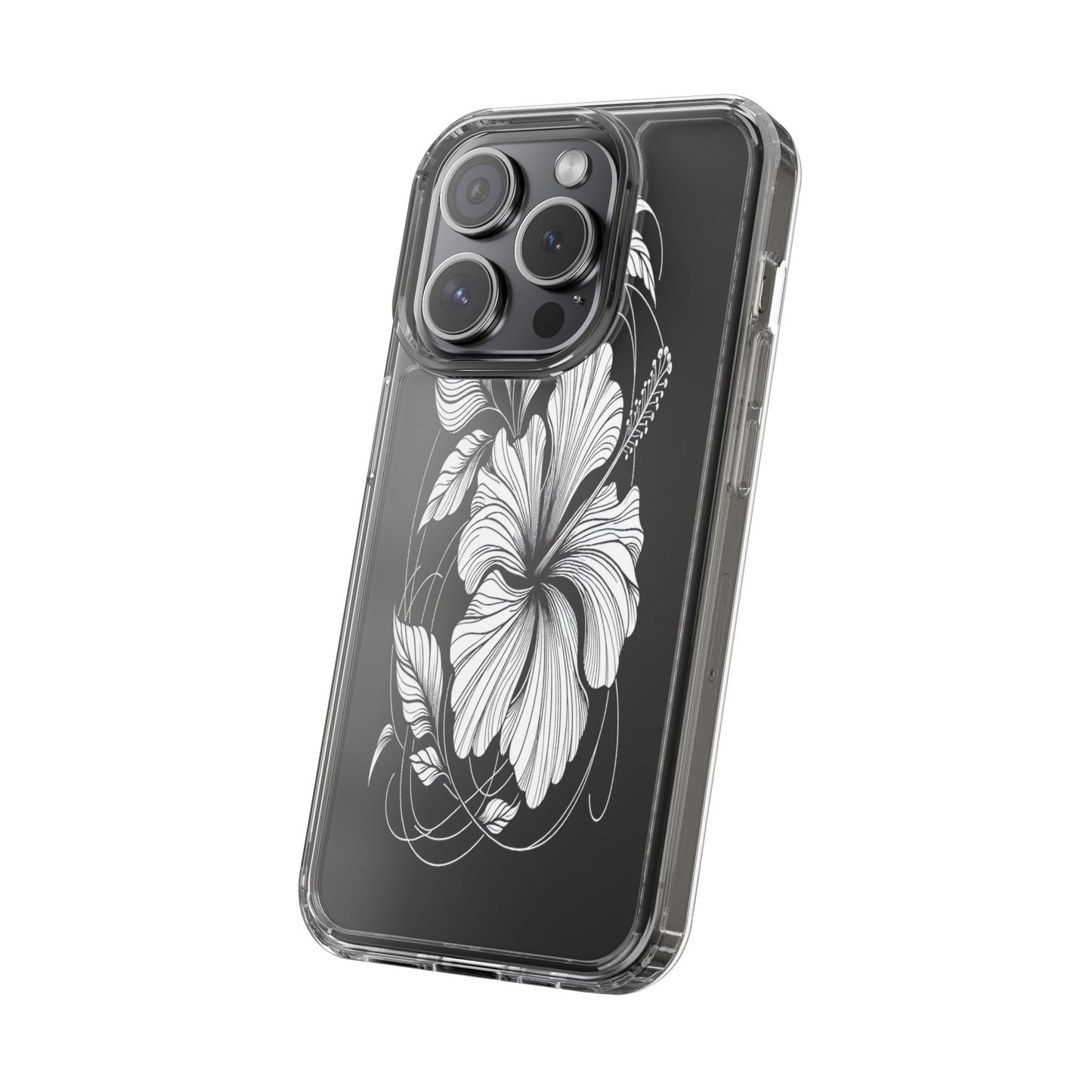 Transparent Hibiscus Design in Black and White Iphone Case Compatible With Iphone 16 15 14 - Clear Phone Cover