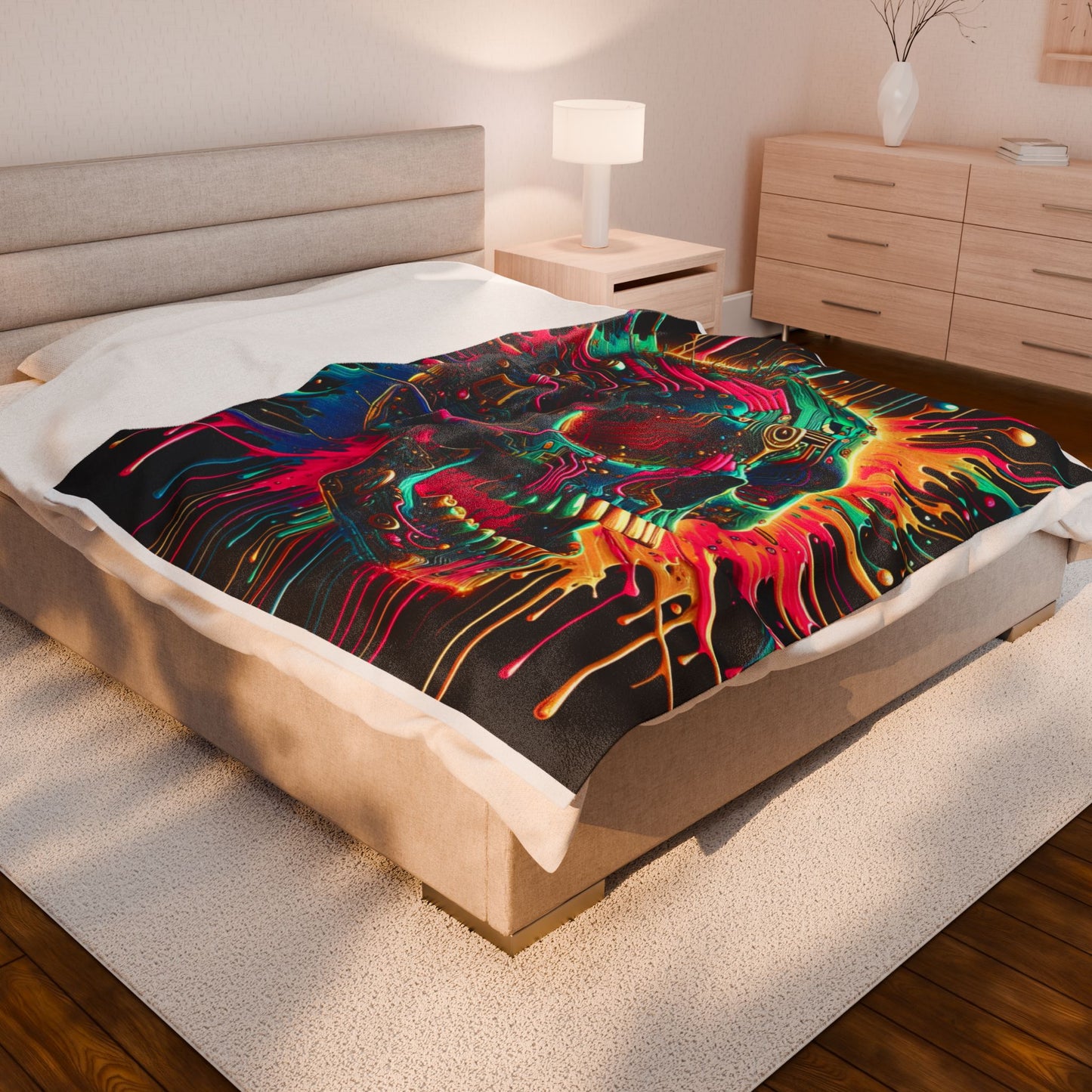 Neon Circuit Skull - Plush Blanket