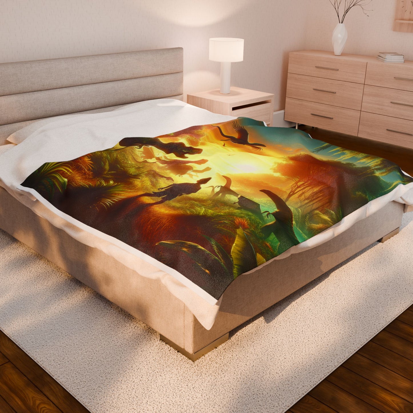 Prehistoric Encounter at Dawn - Plush Blanket