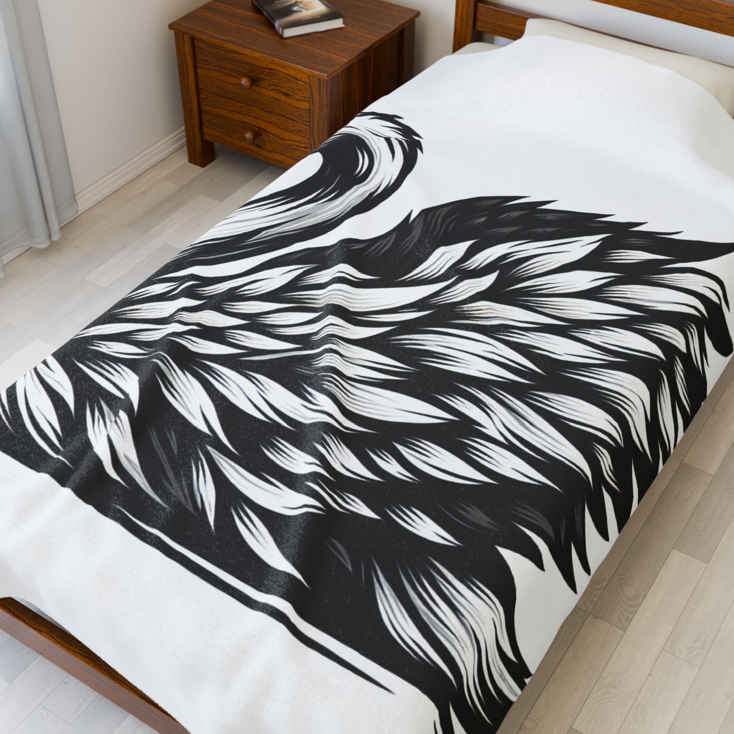 Monochrome Plume Elegance- Plush Blanket