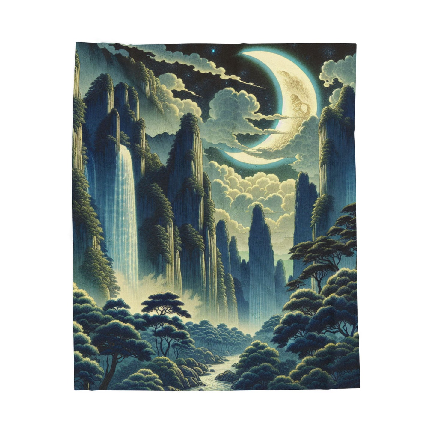 Mystical Moonlit Cascade - Plush Blanket