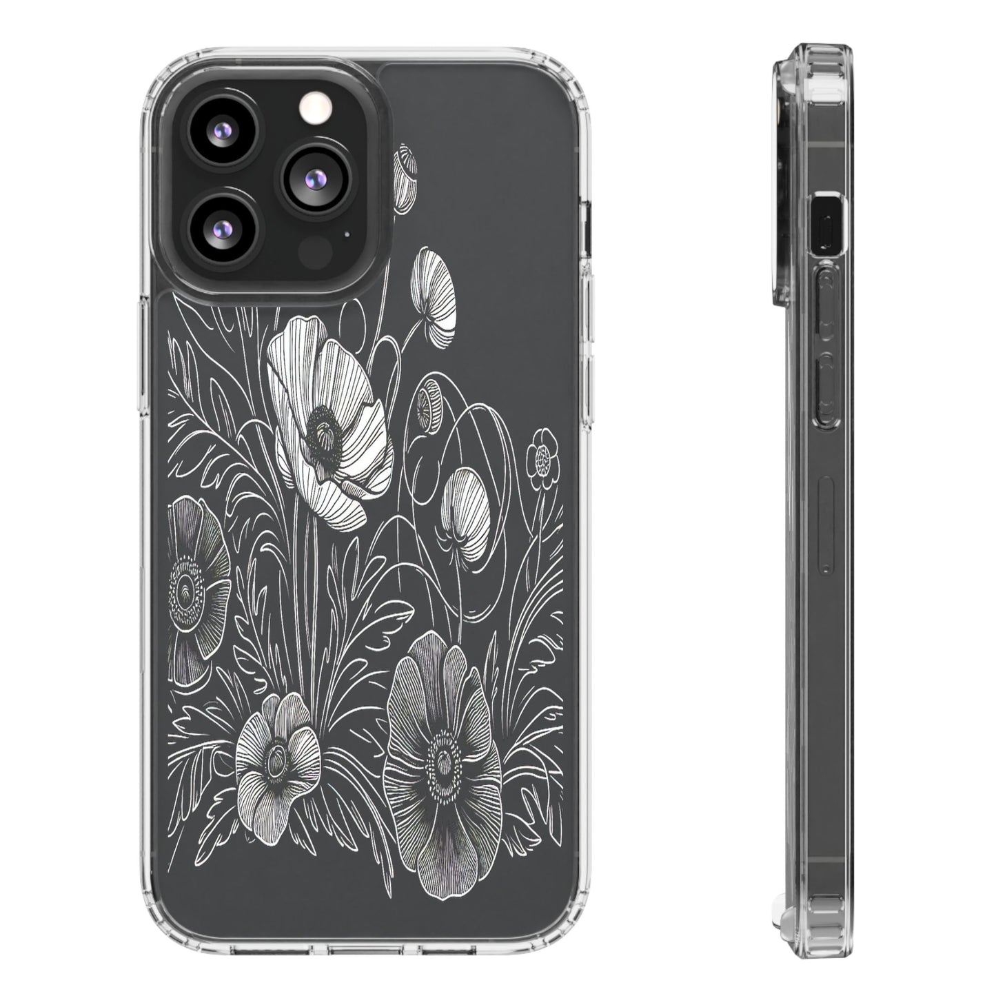 Transparent Black and White Floral Design Iphone Case Compatible With Iphone 16 15 14 - Clear Phone Cover
