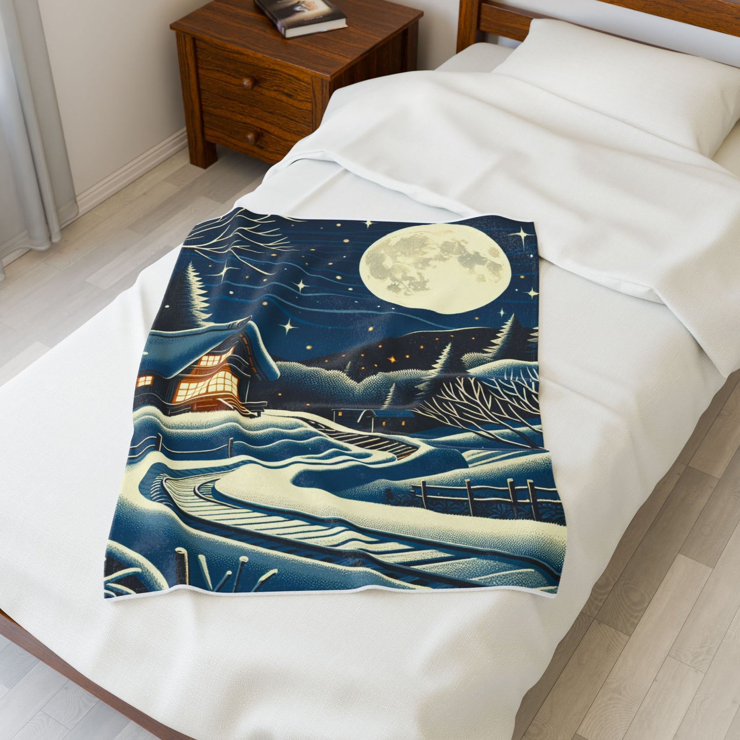 Moonlit Cabin in Winter Wonderland - Plush Blanket