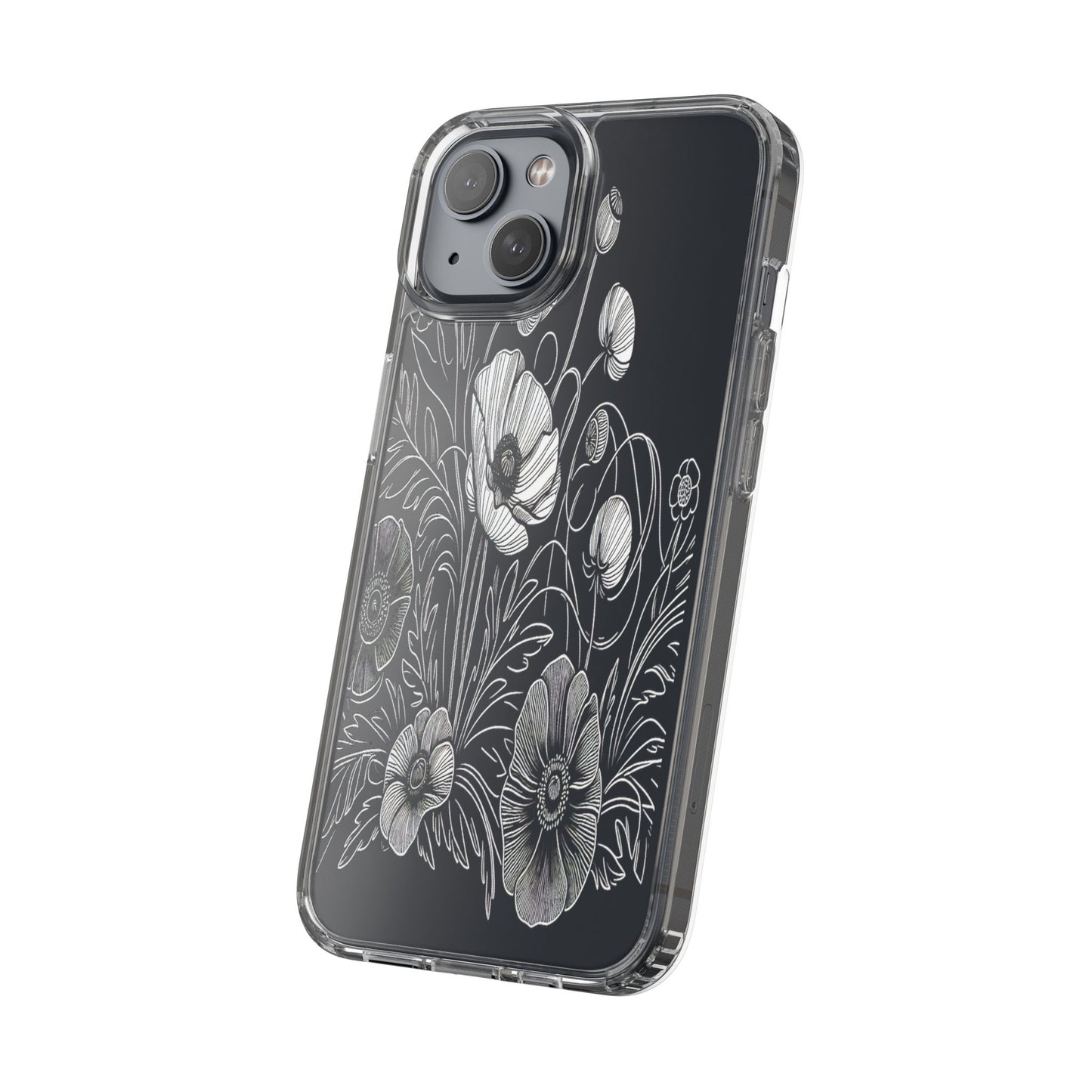 Transparent Black and White Floral Design Iphone Case Compatible With Iphone 16 15 14 - Clear Phone Cover