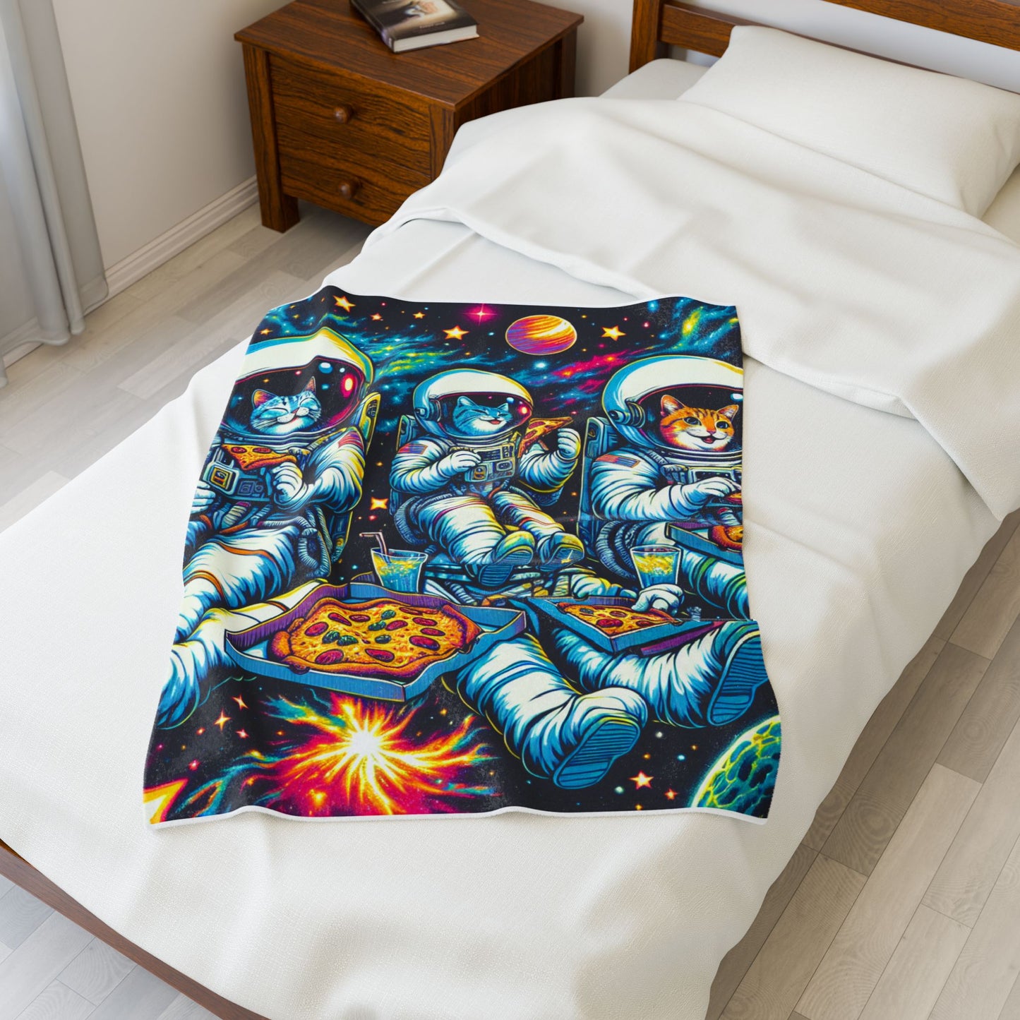 Astronaut Cats Enjoying Pizza in Space - Plush Blanket