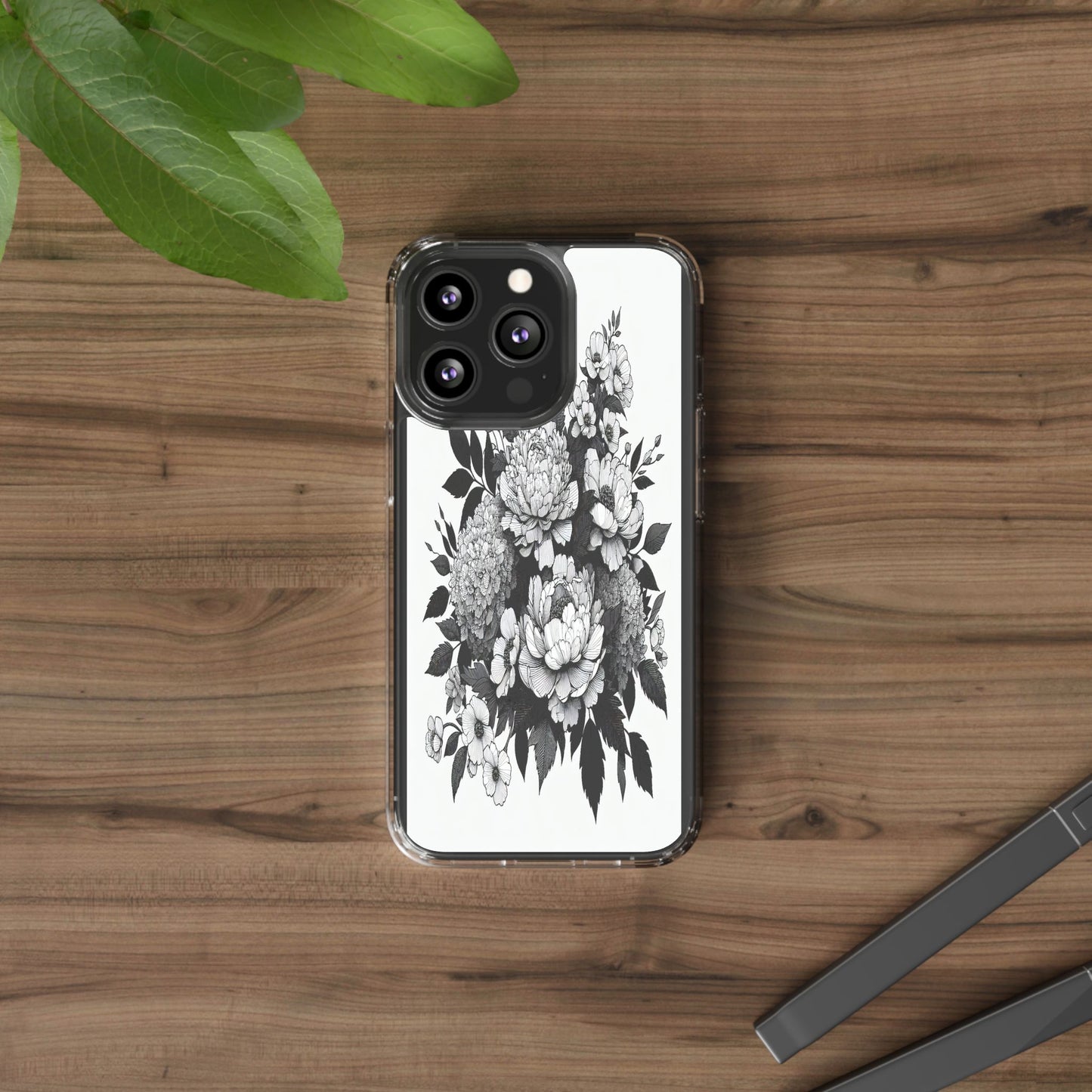 Transparent Floral Arrangement in Black and White Iphone Case Compatible With Iphone 16 15 14 - Clear Phone Cover