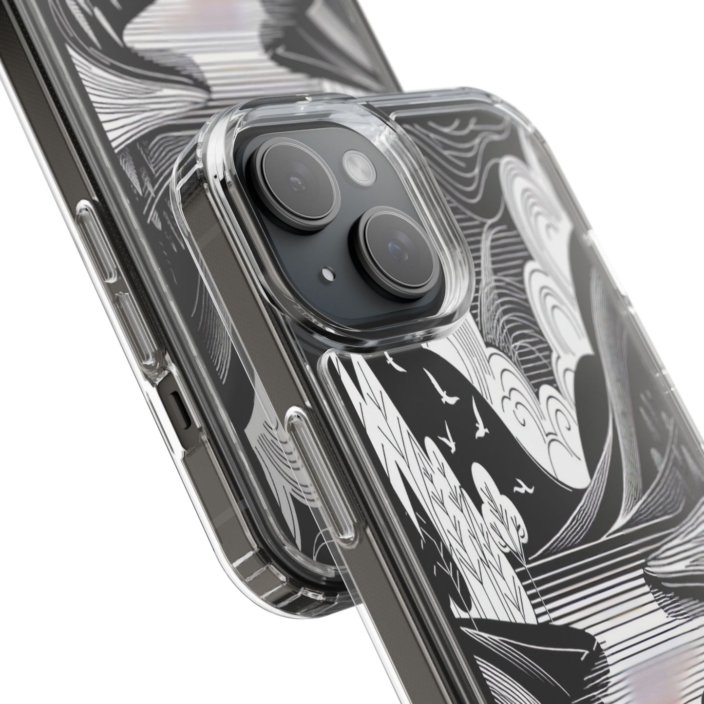 Transparent Black and White Landscape Illustration Iphone Case Compatible With Iphone 16 15 14 - Clear Phone Cover