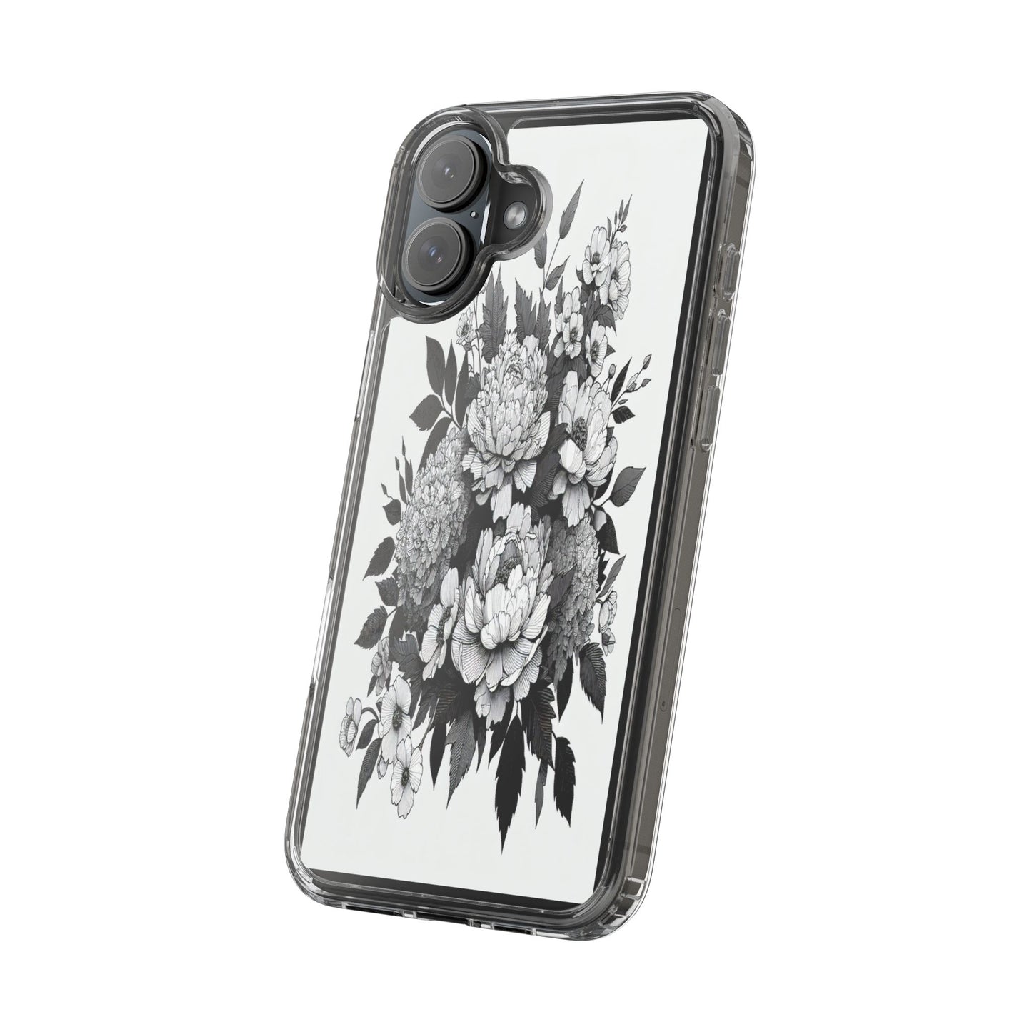 Transparent Floral Arrangement in Black and White Iphone Case Compatible With Iphone 16 15 14 - Clear Phone Cover