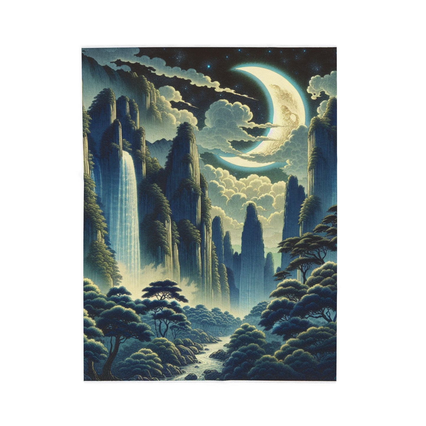 Mystical Moonlit Cascade - Plush Blanket