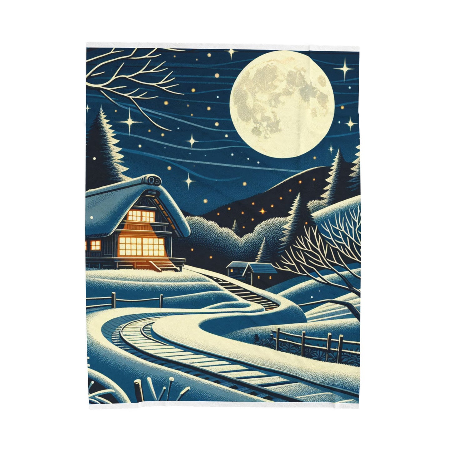 Moonlit Cabin in Winter Wonderland - Plush Blanket