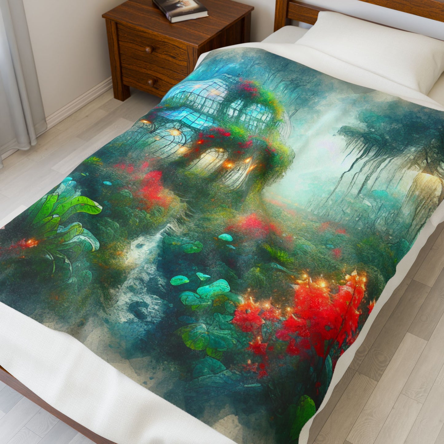 Botanical Haven in Misty Glade- Plush Blanket