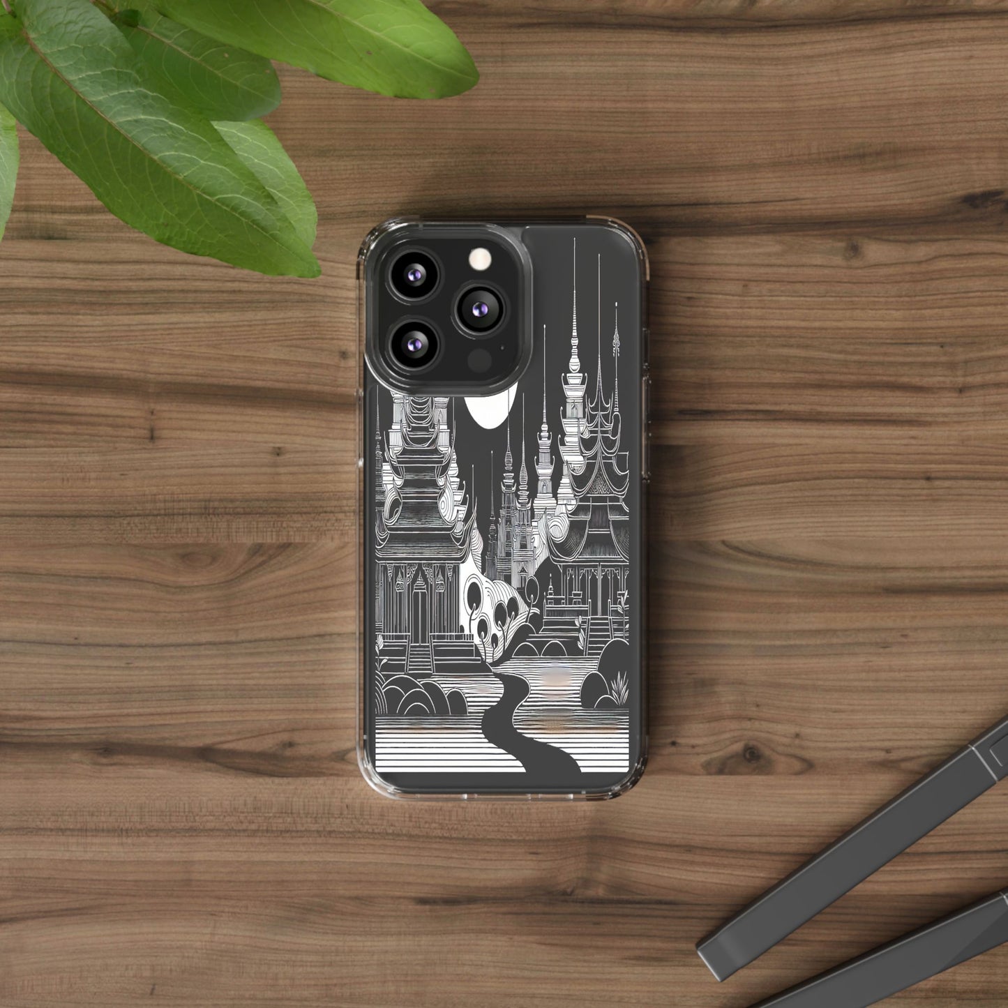 Transparent Temple Silhouette Under Bright Moon Iphone Case Compatible With Iphone 16 15 14 - Clear Phone Cover