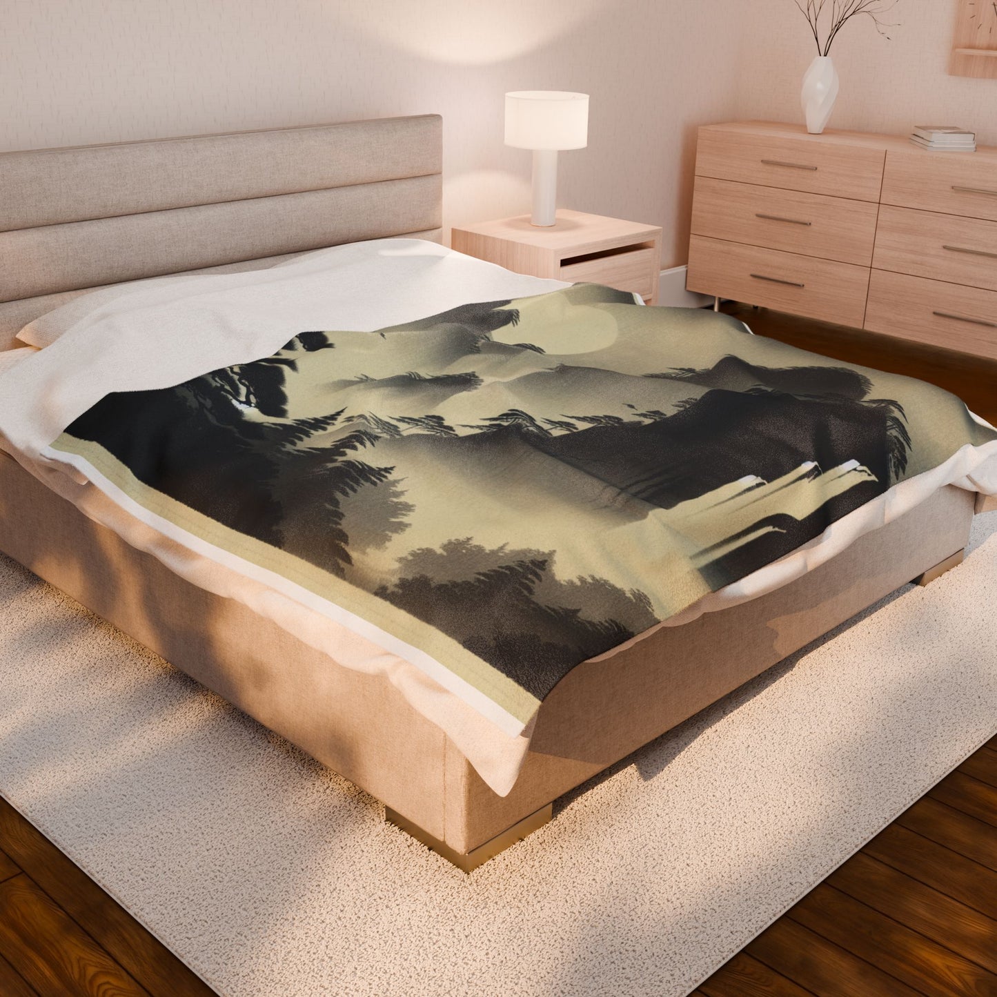 Mystical Peaks and Waterfall Scene - Plush Blanket