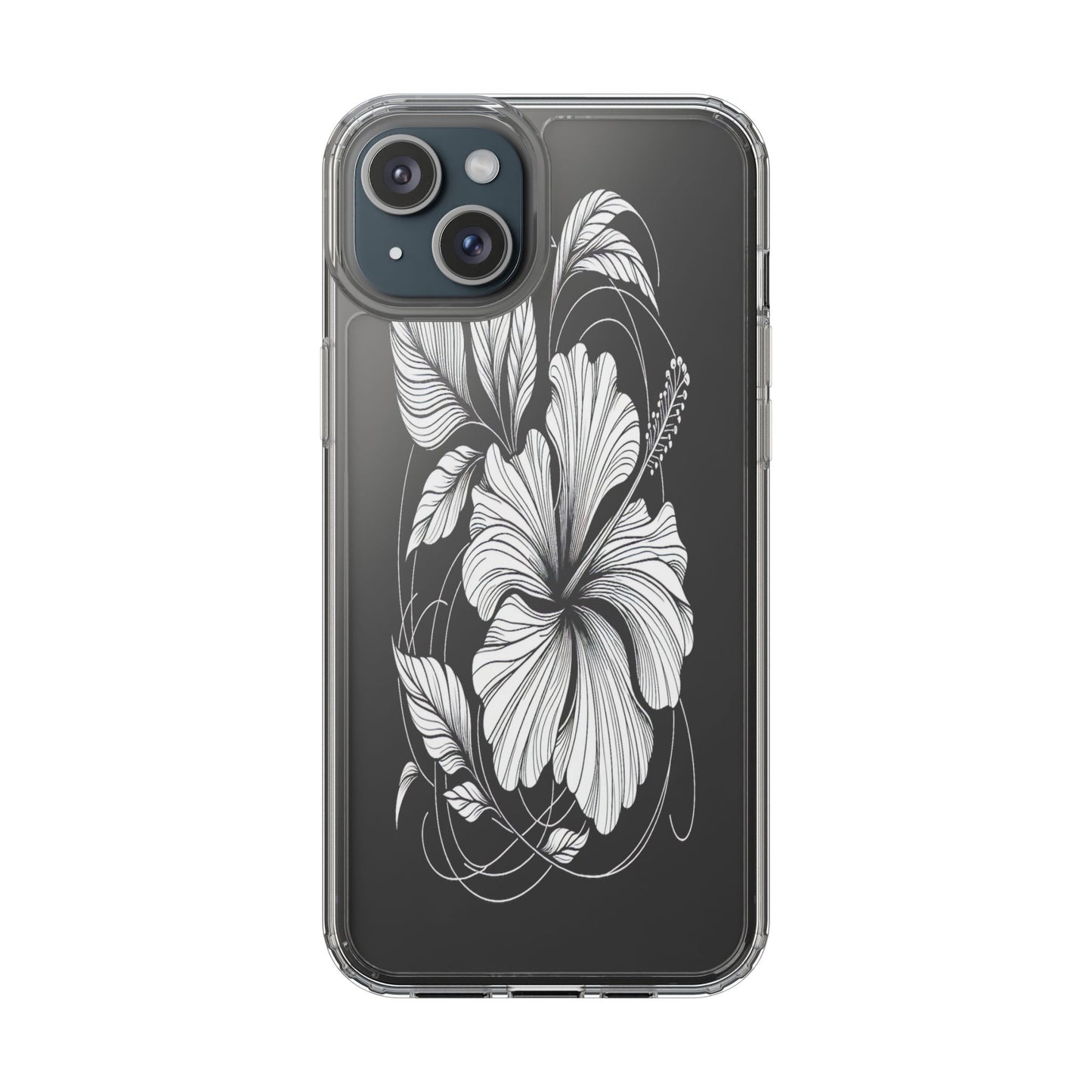Transparent Hibiscus Design in Black and White Iphone Case Compatible With Iphone 16 15 14 - Clear Phone Cover