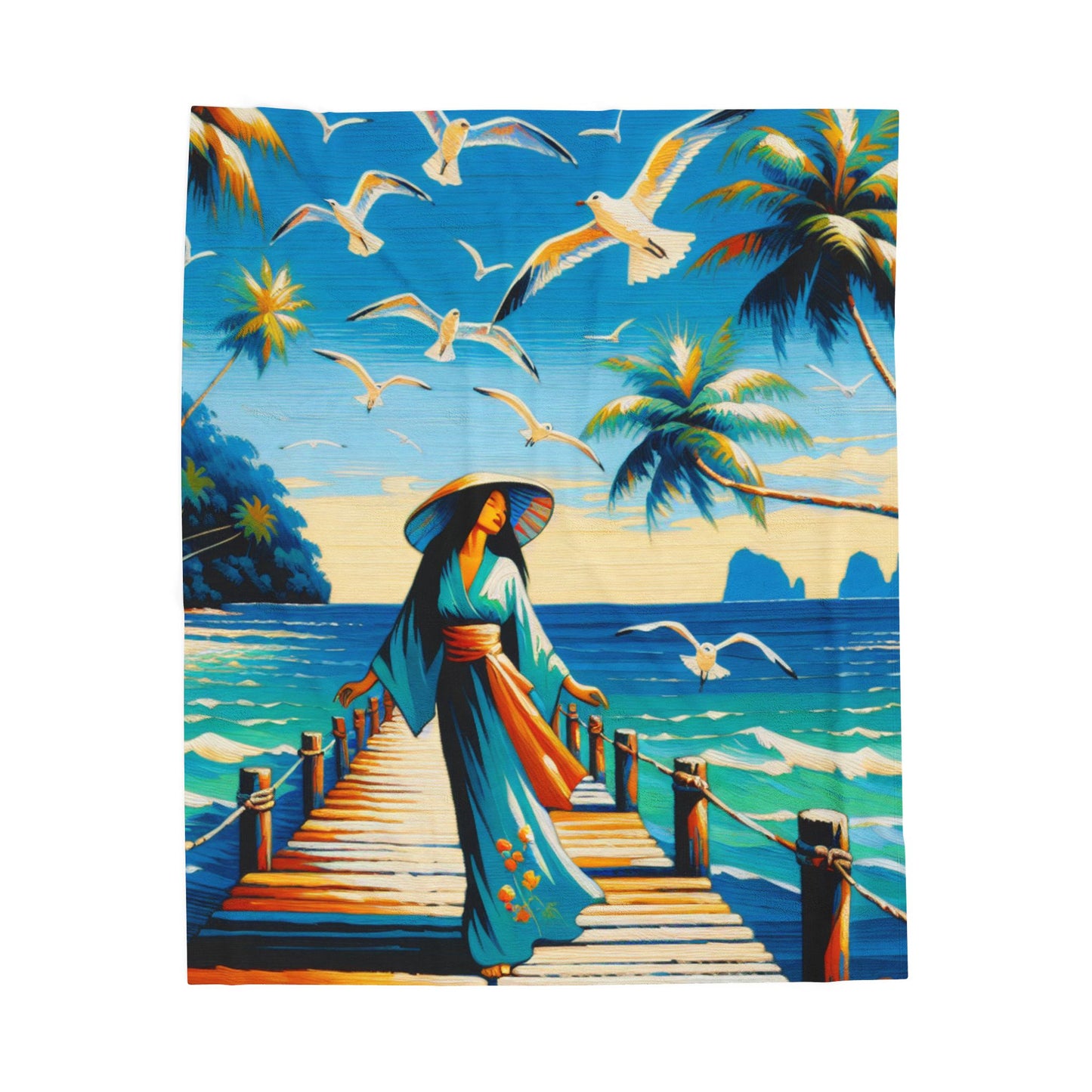 Island Stroll with Seagulls - Plush Blanket