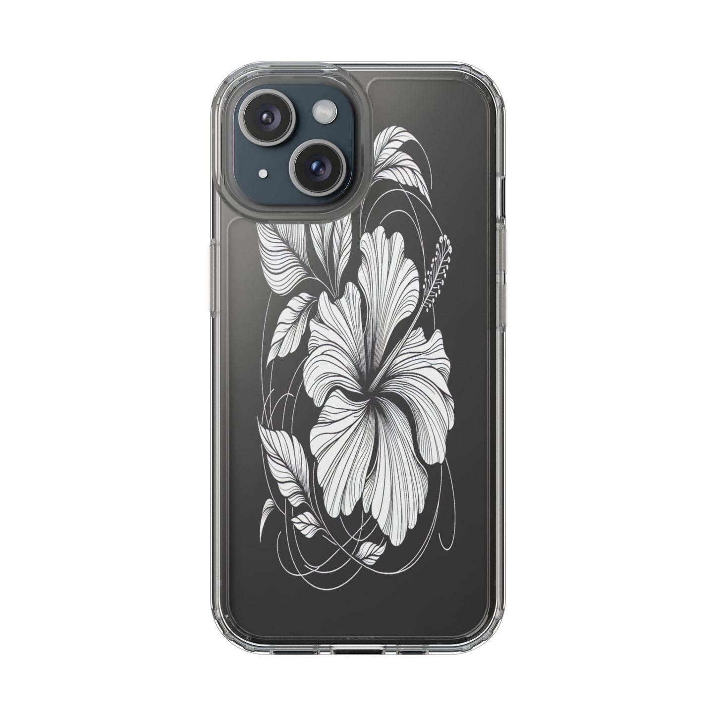 Transparent Hibiscus Design in Black and White Iphone Case Compatible With Iphone 16 15 14 - Clear Phone Cover