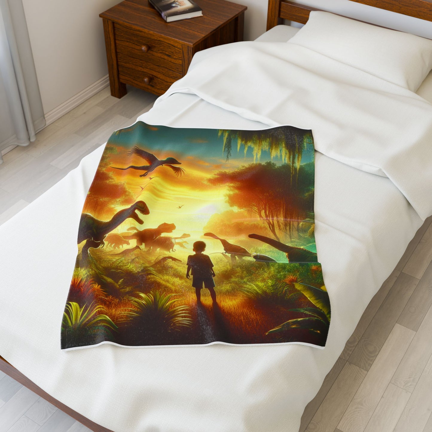 Prehistoric Encounter at Dawn - Plush Blanket