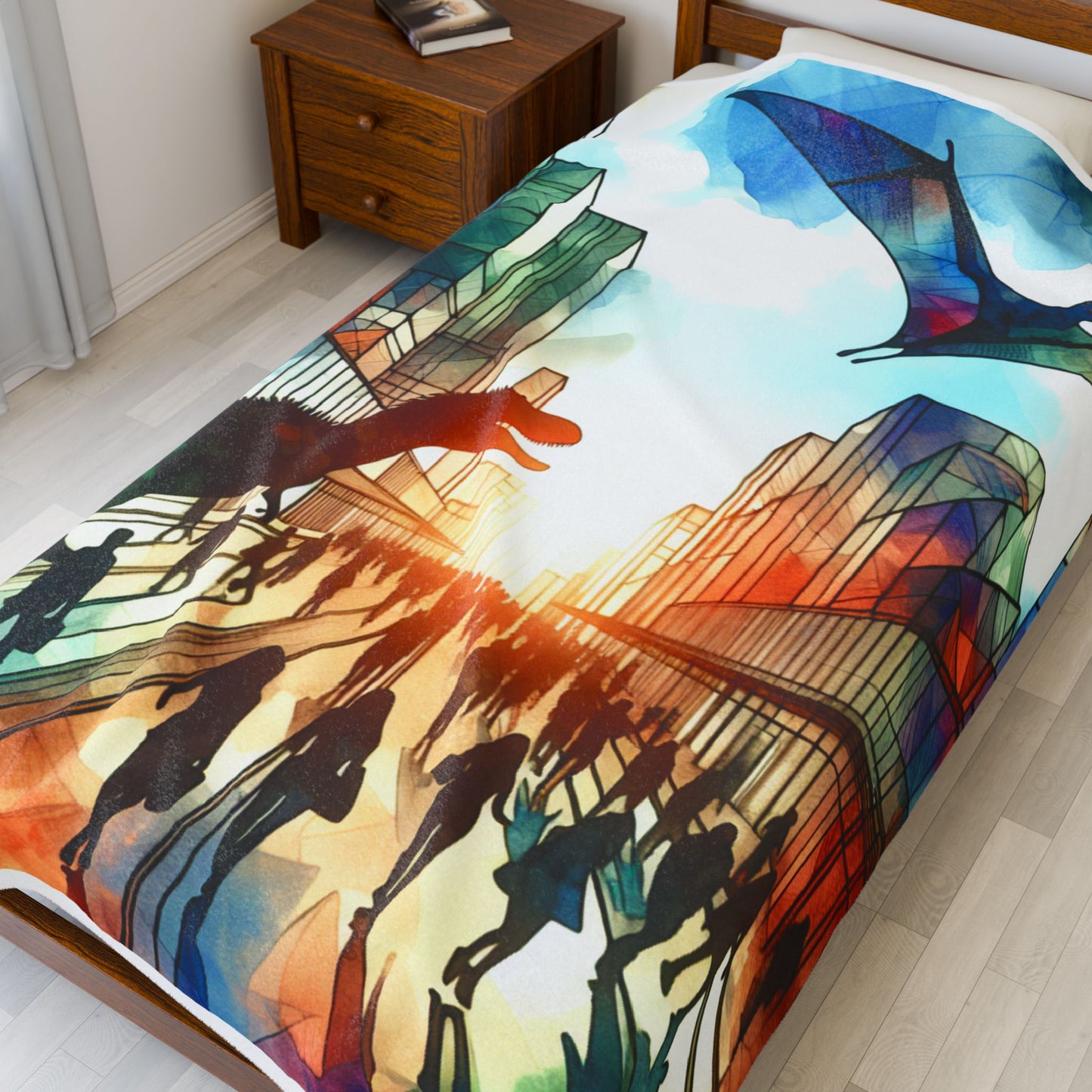 Dinosaurs Roam the Modern Streets - Plush Blanket