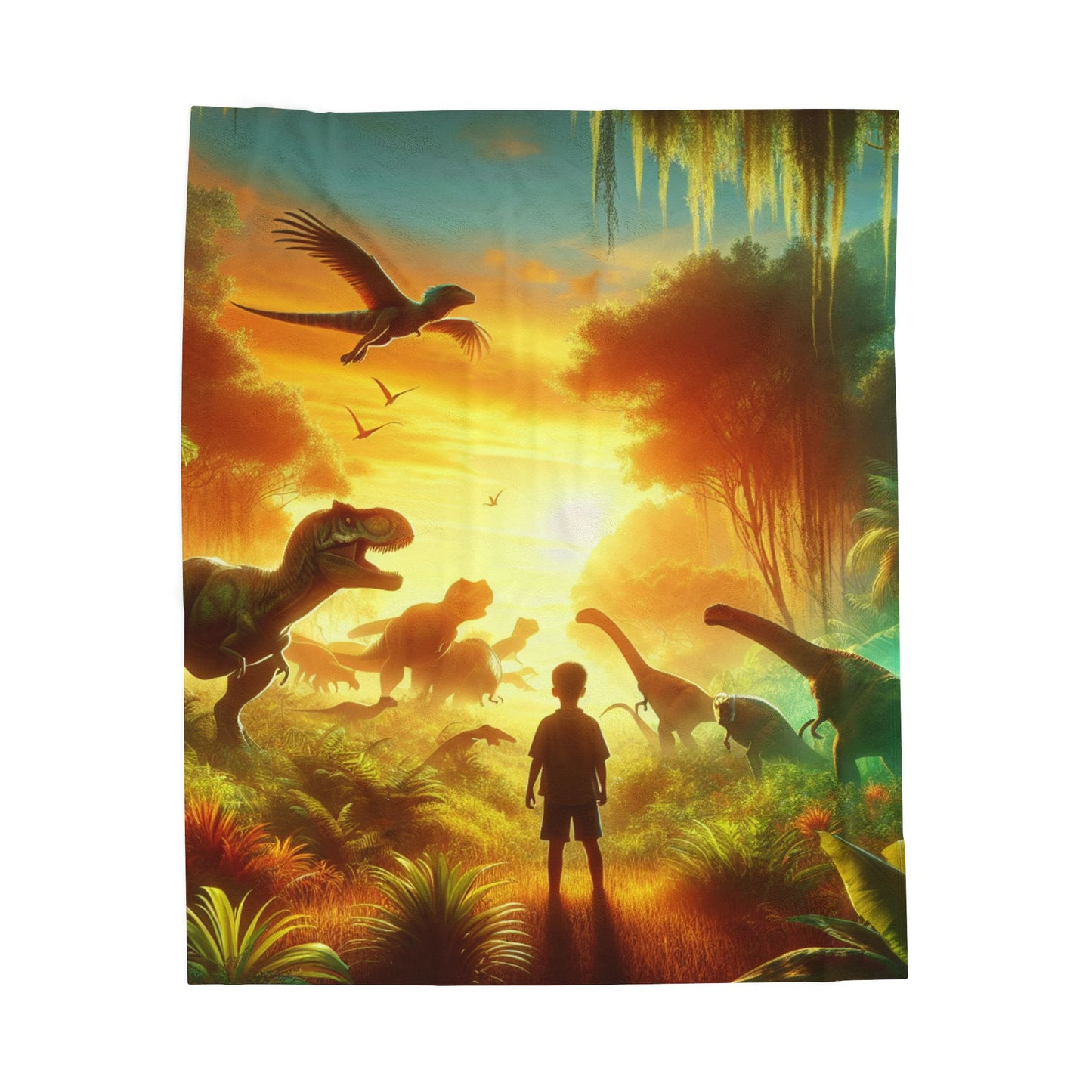 Prehistoric Encounter at Dawn - Plush Blanket