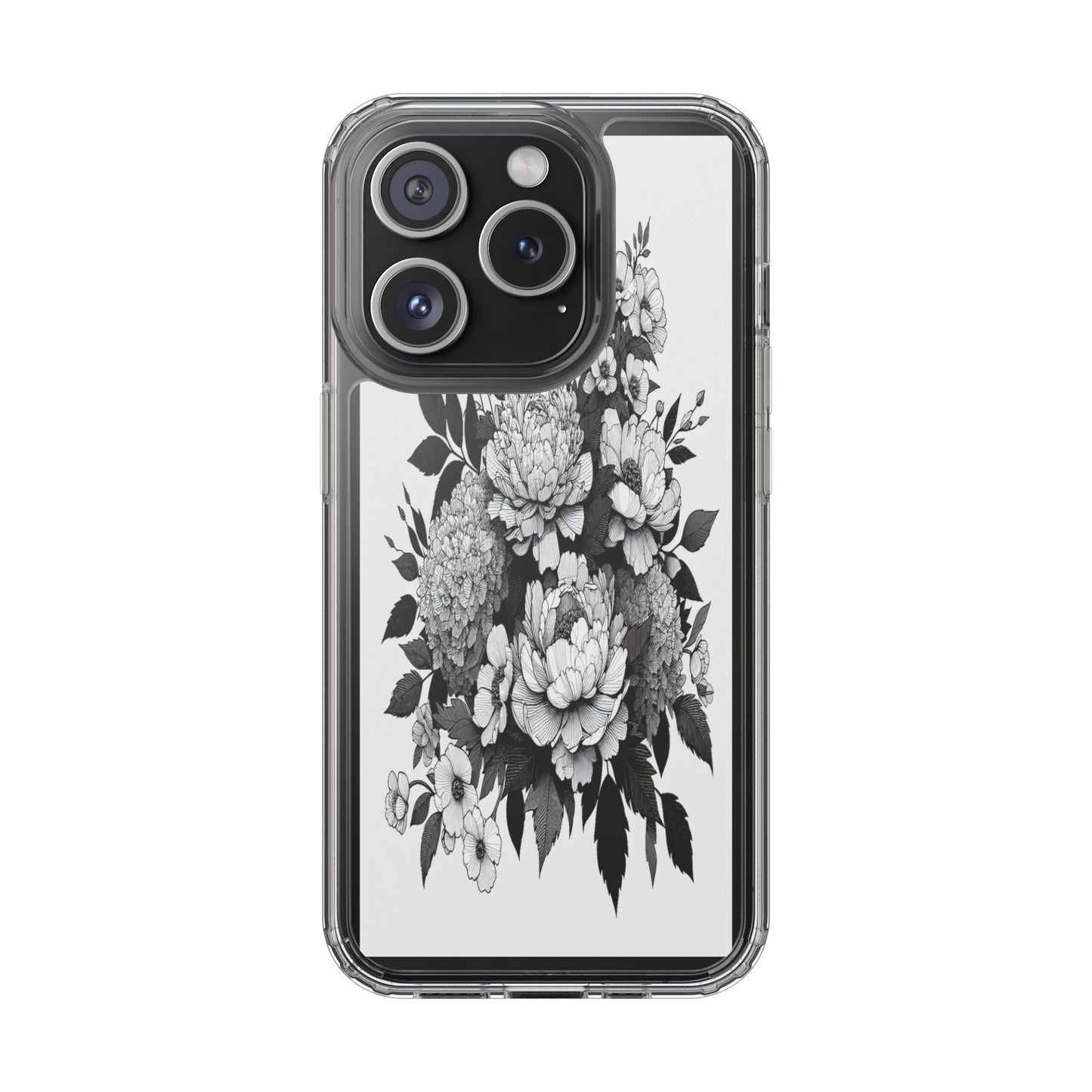 Transparent Floral Arrangement in Black and White Iphone Case Compatible With Iphone 16 15 14 - Clear Phone Cover