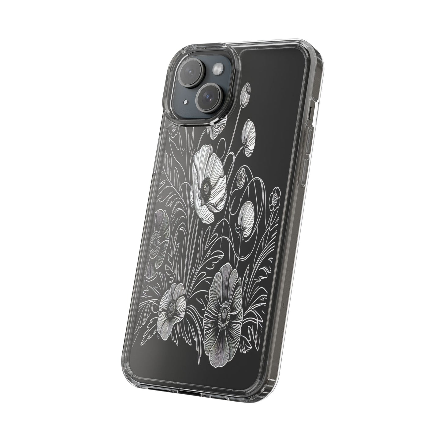 Transparent Black and White Floral Design Iphone Case Compatible With Iphone 16 15 14 - Clear Phone Cover