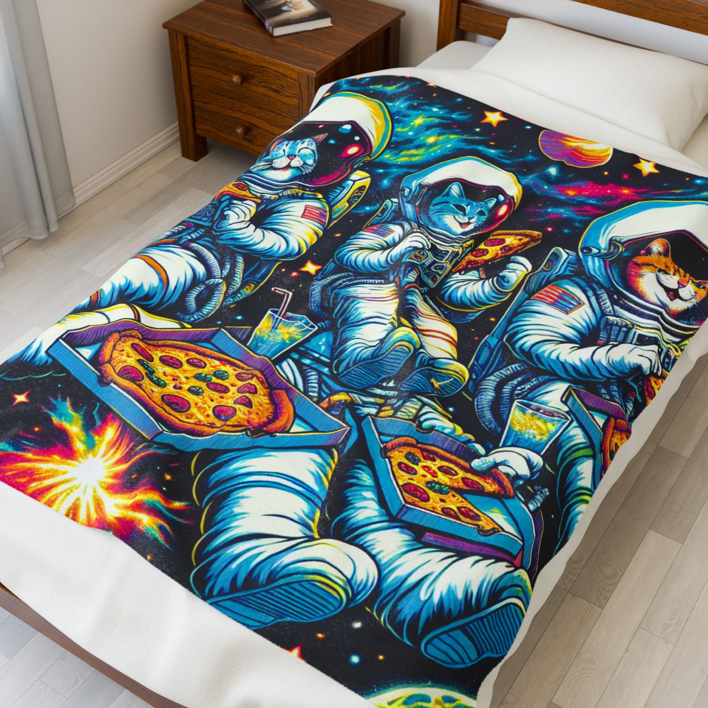 Astronaut Cats Enjoying Pizza in Space - Plush Blanket