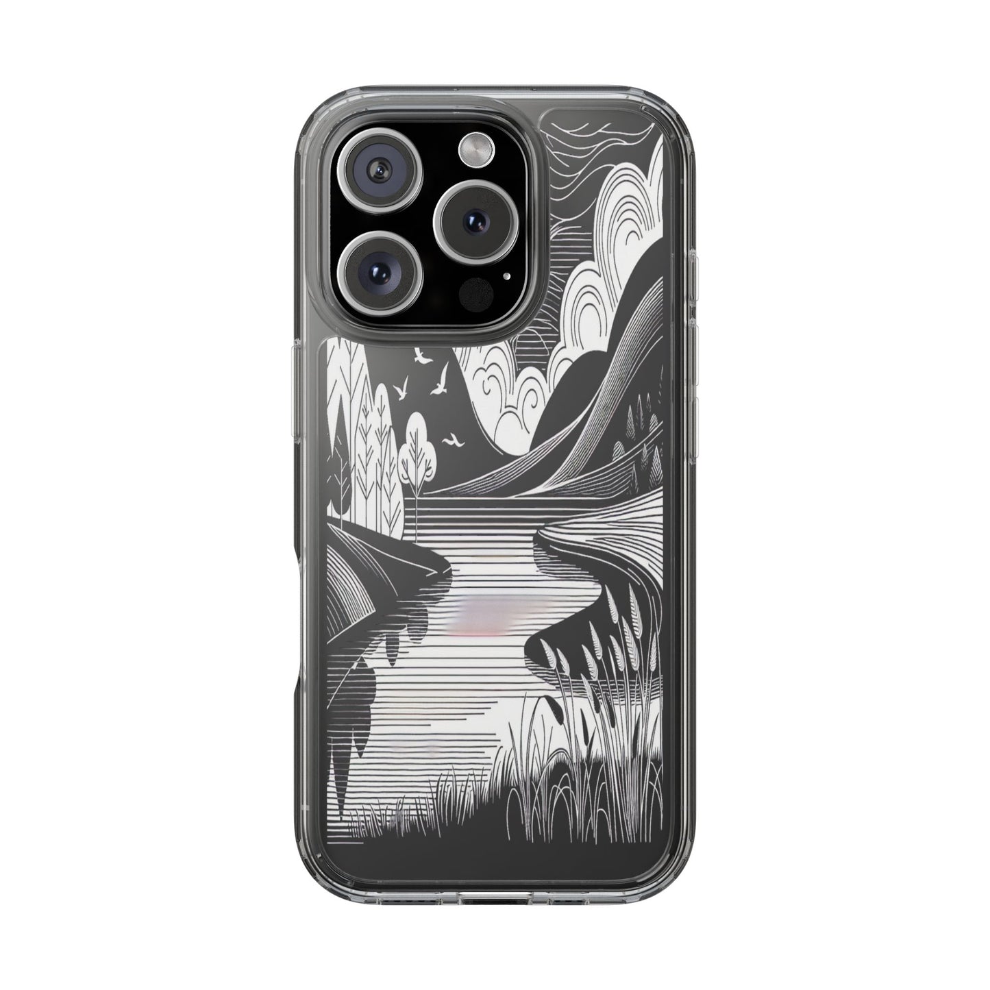Transparent Black and White Landscape Illustration Iphone Case Compatible With Iphone 16 15 14 - Clear Phone Cover