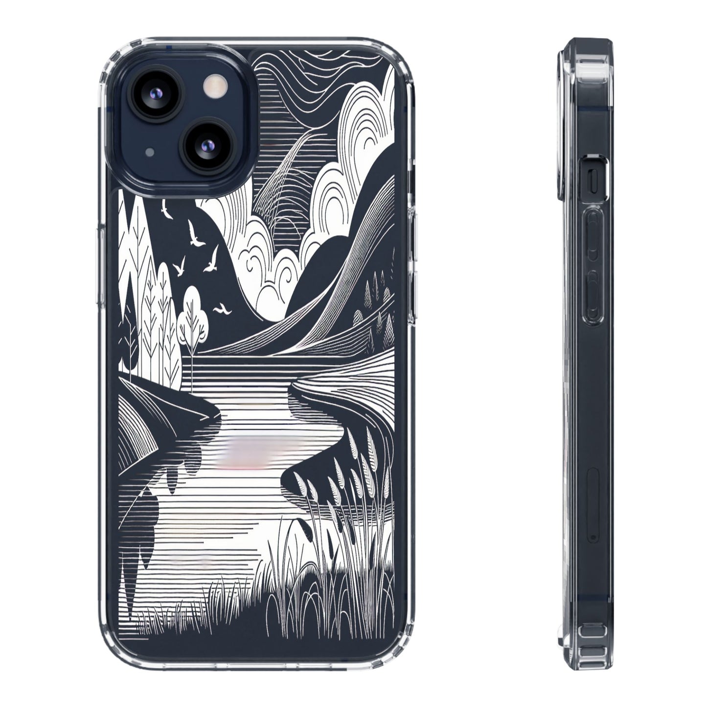 Transparent Black and White Landscape Illustration Iphone Case Compatible With Iphone 16 15 14 - Clear Phone Cover