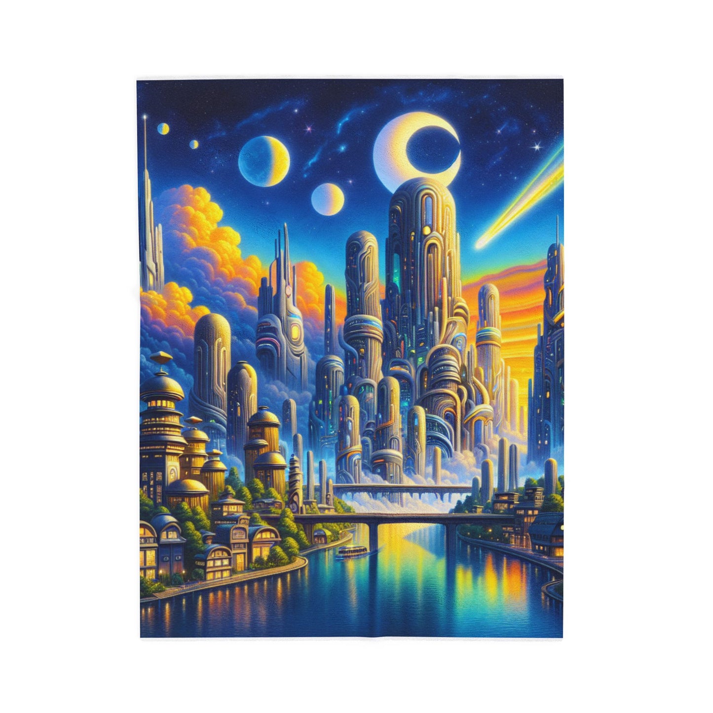 Futuristic skyline under a celestial sky - Plush Blanket