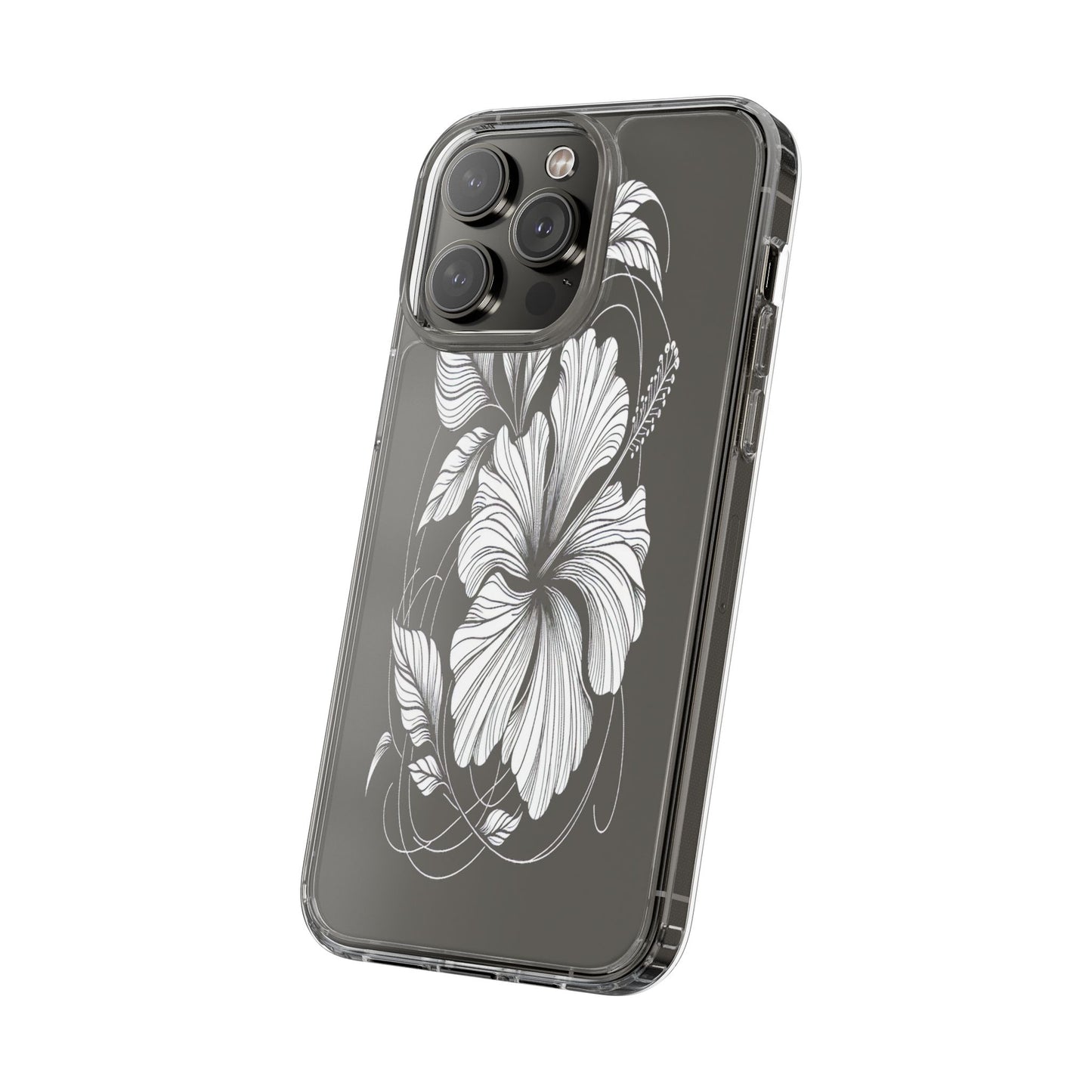 Transparent Hibiscus Design in Black and White Iphone Case Compatible With Iphone 16 15 14 - Clear Phone Cover