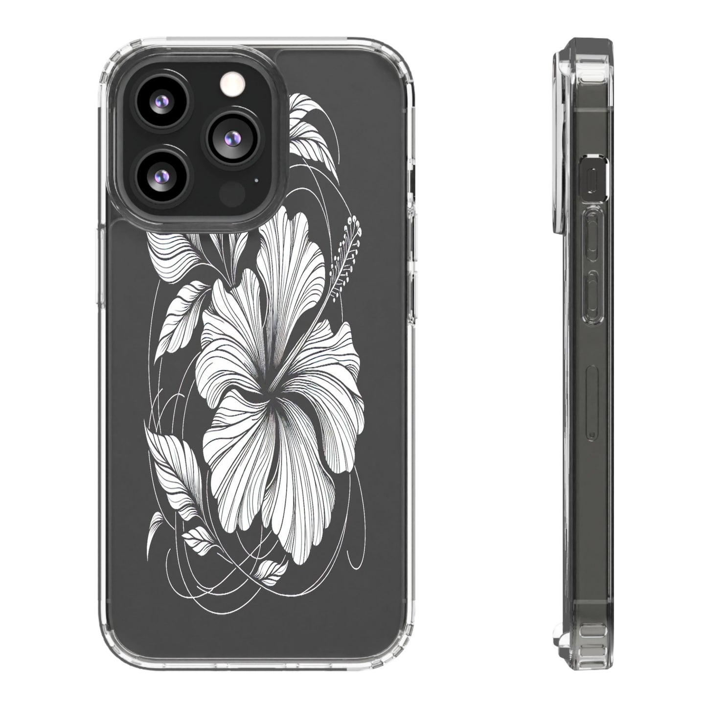 Transparent Hibiscus Design in Black and White Iphone Case Compatible With Iphone 16 15 14 - Clear Phone Cover