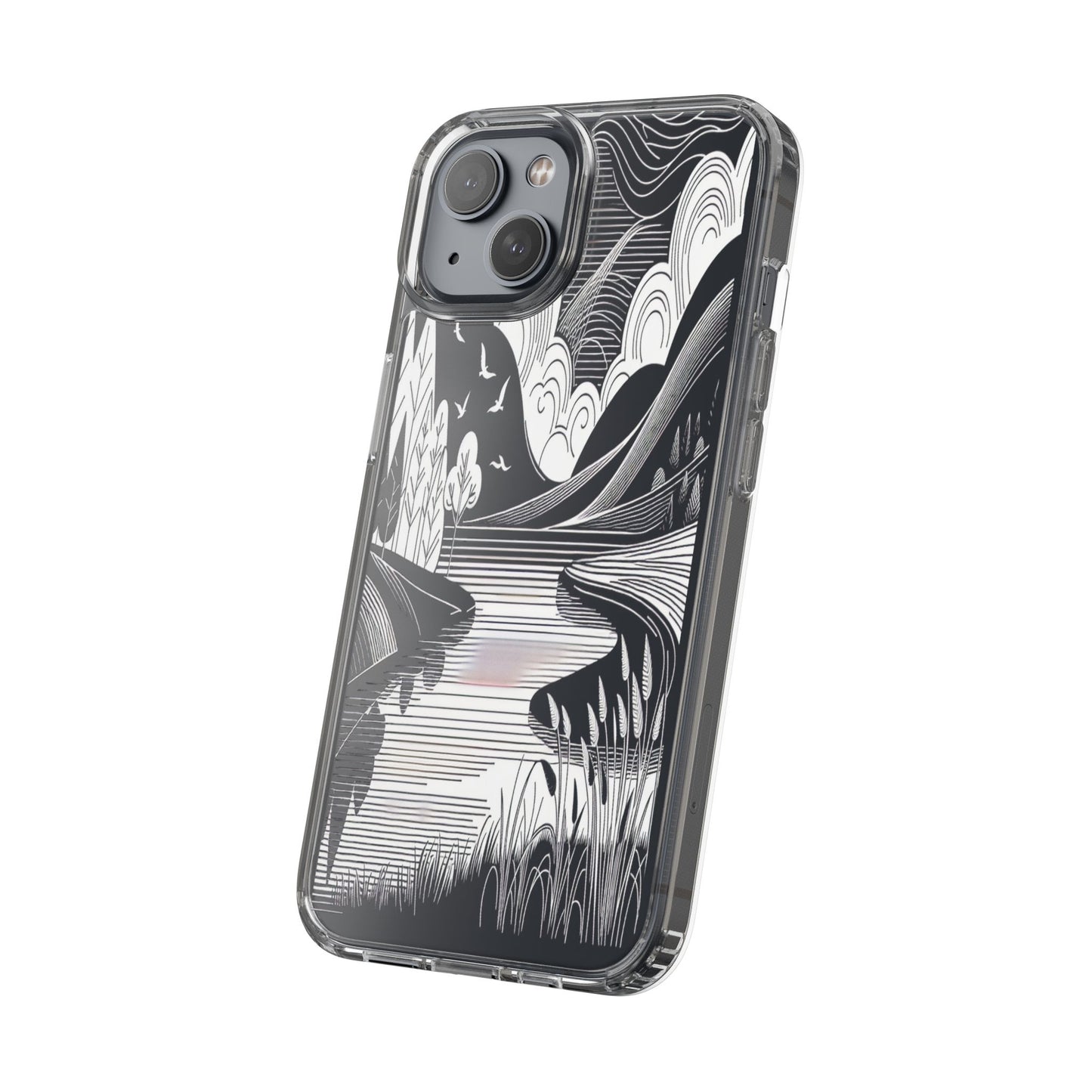 Transparent Black and White Landscape Illustration Iphone Case Compatible With Iphone 16 15 14 - Clear Phone Cover