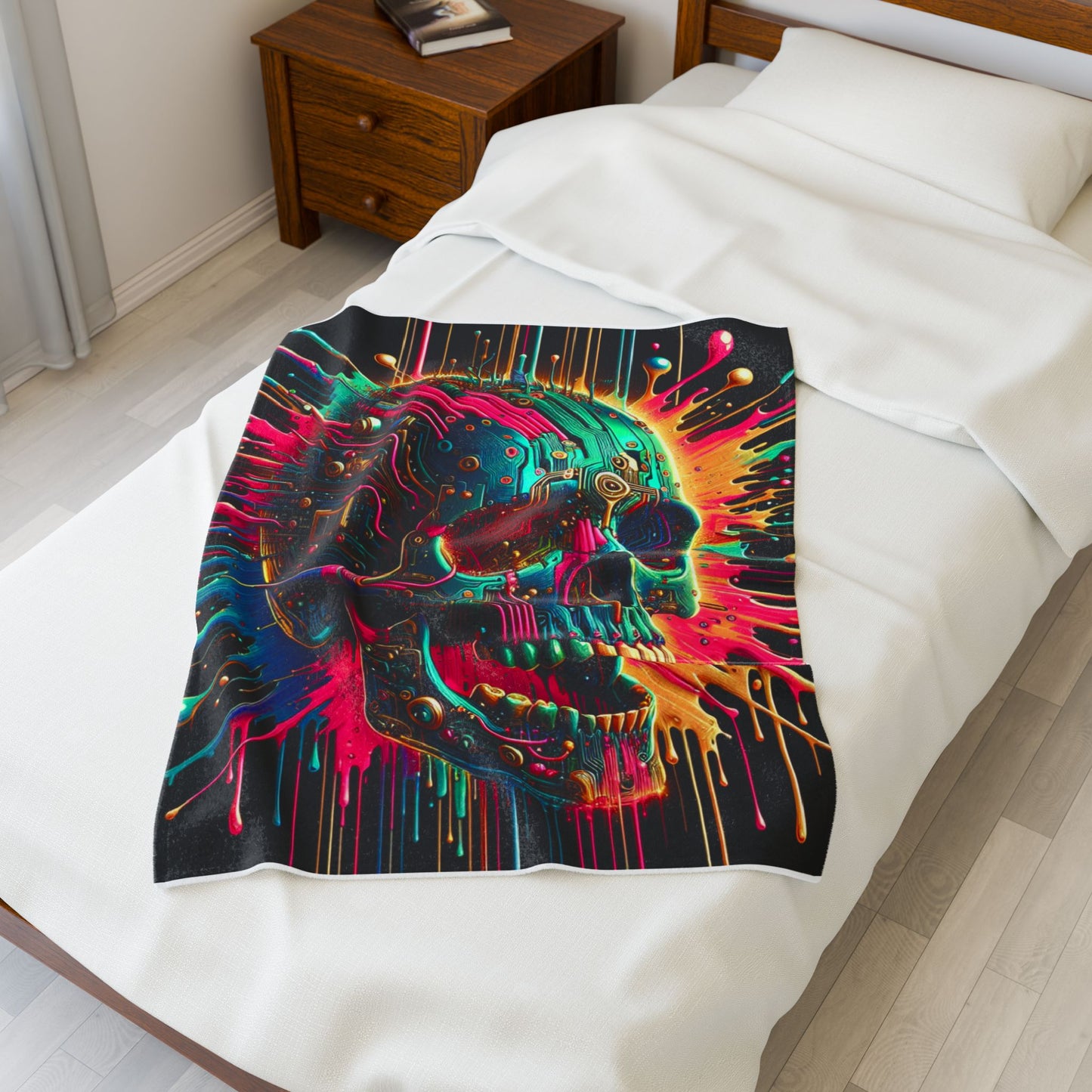 Neon Circuit Skull - Plush Blanket