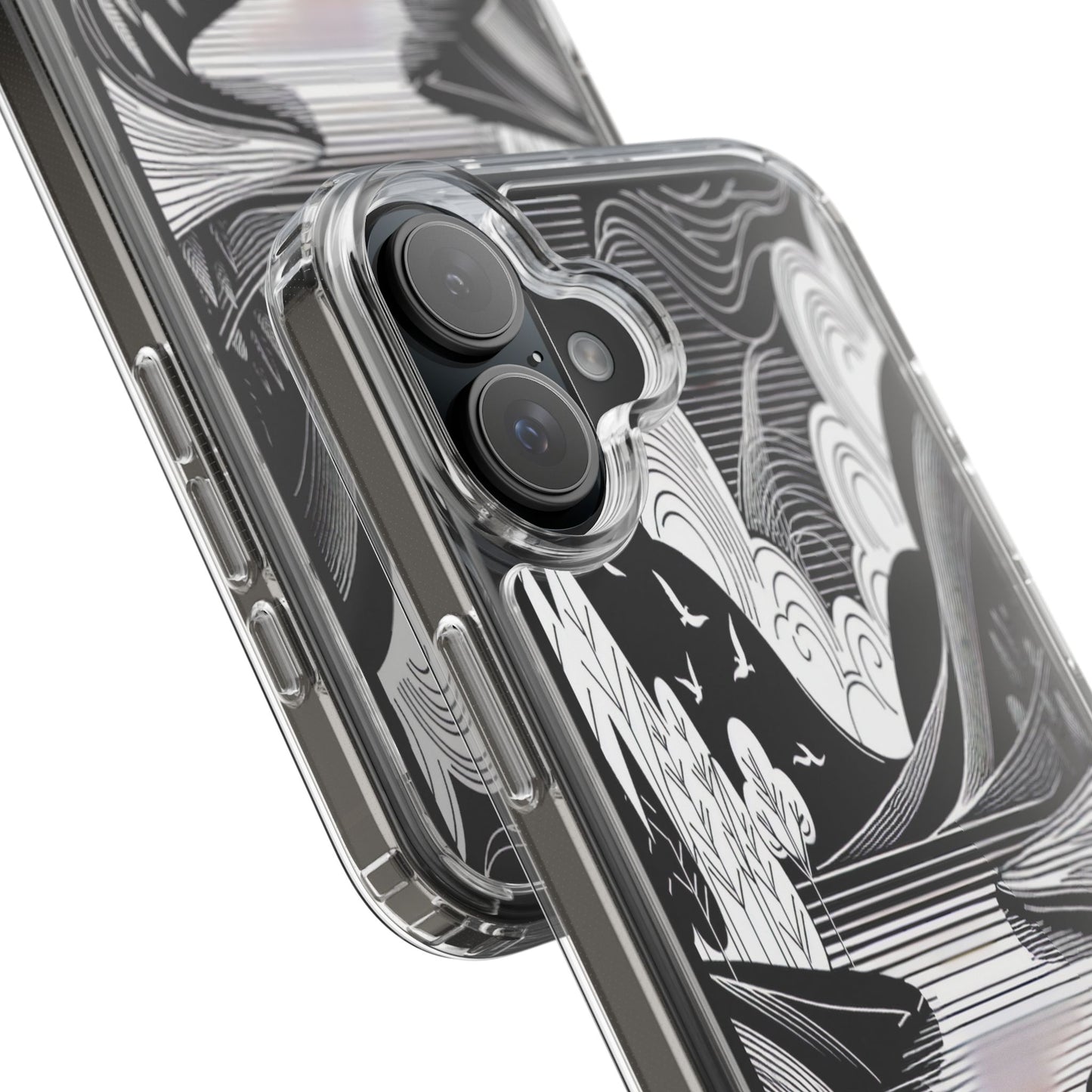 Transparent Black and White Landscape Illustration Iphone Case Compatible With Iphone 16 15 14 - Clear Phone Cover