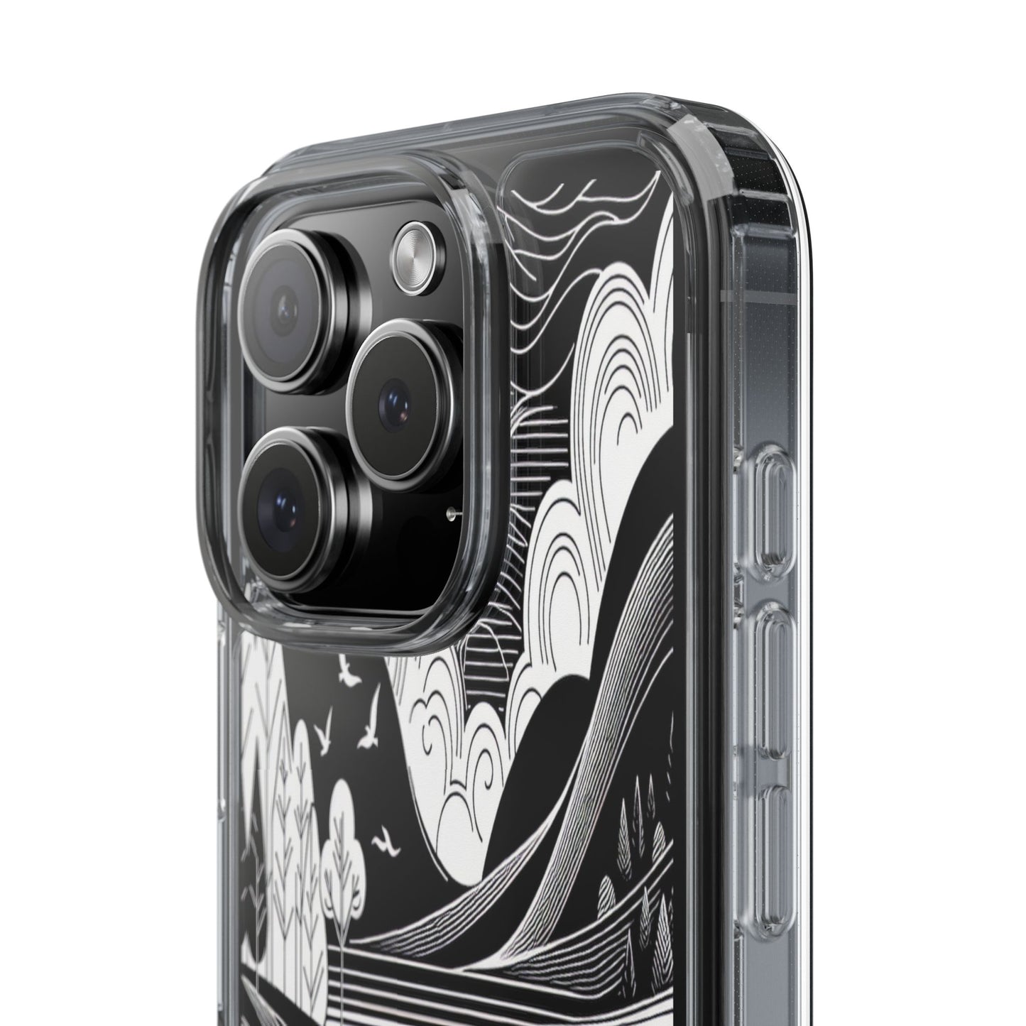 Transparent Black and White Landscape Illustration Iphone Case Compatible With Iphone 16 15 14 - Clear Phone Cover