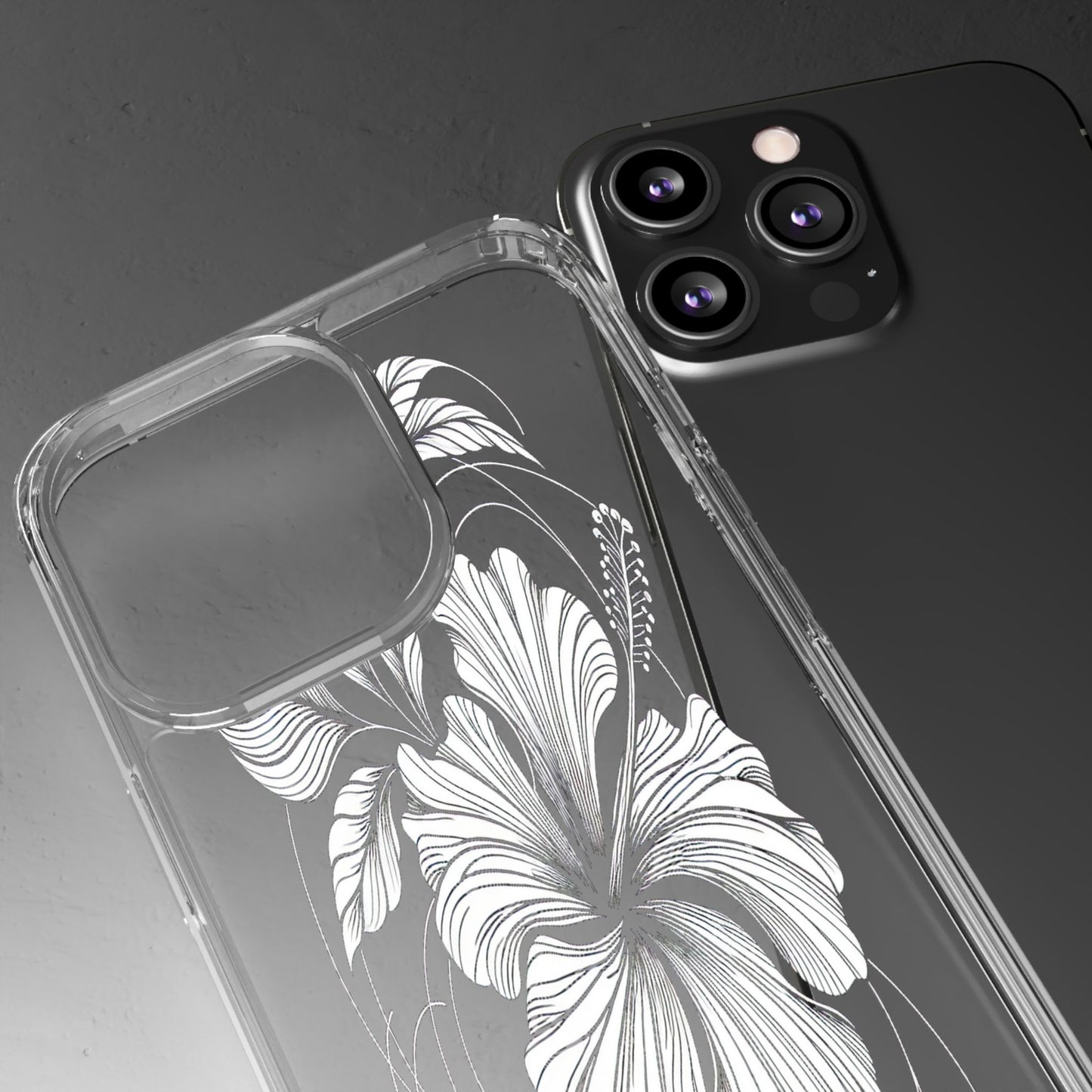Transparent Hibiscus Design in Black and White Iphone Case Compatible With Iphone 16 15 14 - Clear Phone Cover