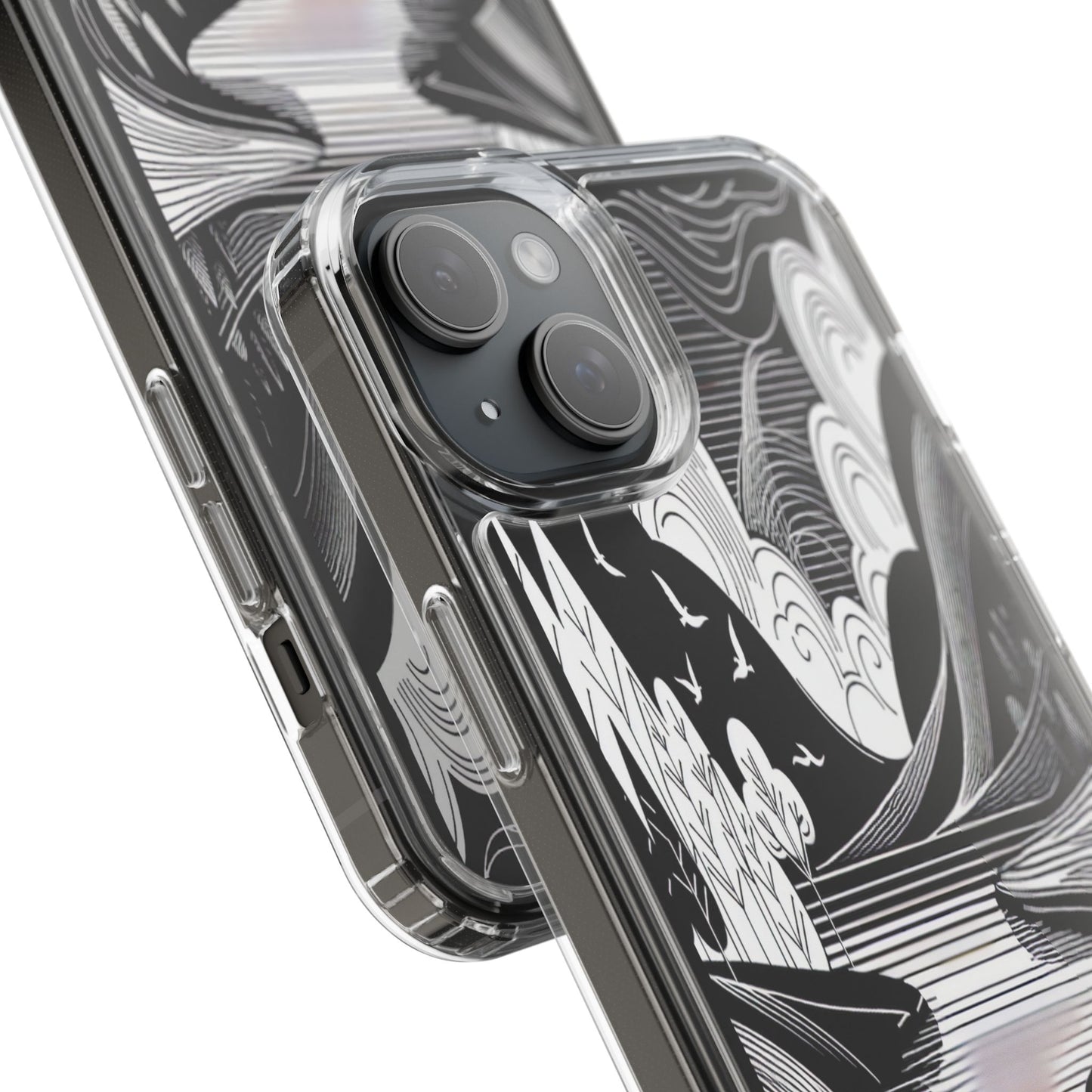 Transparent Black and White Landscape Illustration Iphone Case Compatible With Iphone 16 15 14 - Clear Phone Cover